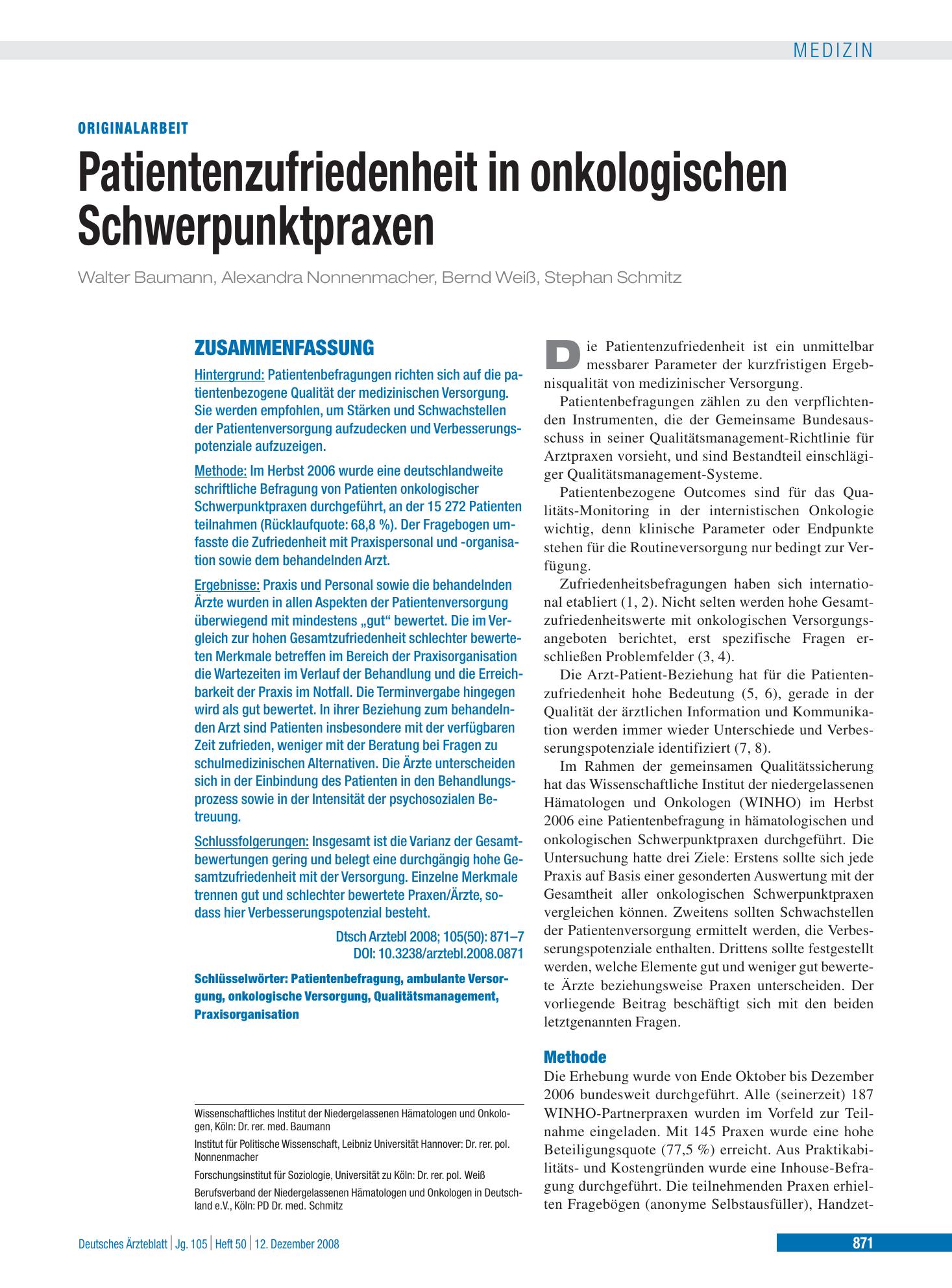 Vorschauseite 1: Patientenzufriedenheit in onkologischen Schwerpunktpraxen – Deutsches Ärzteblatt