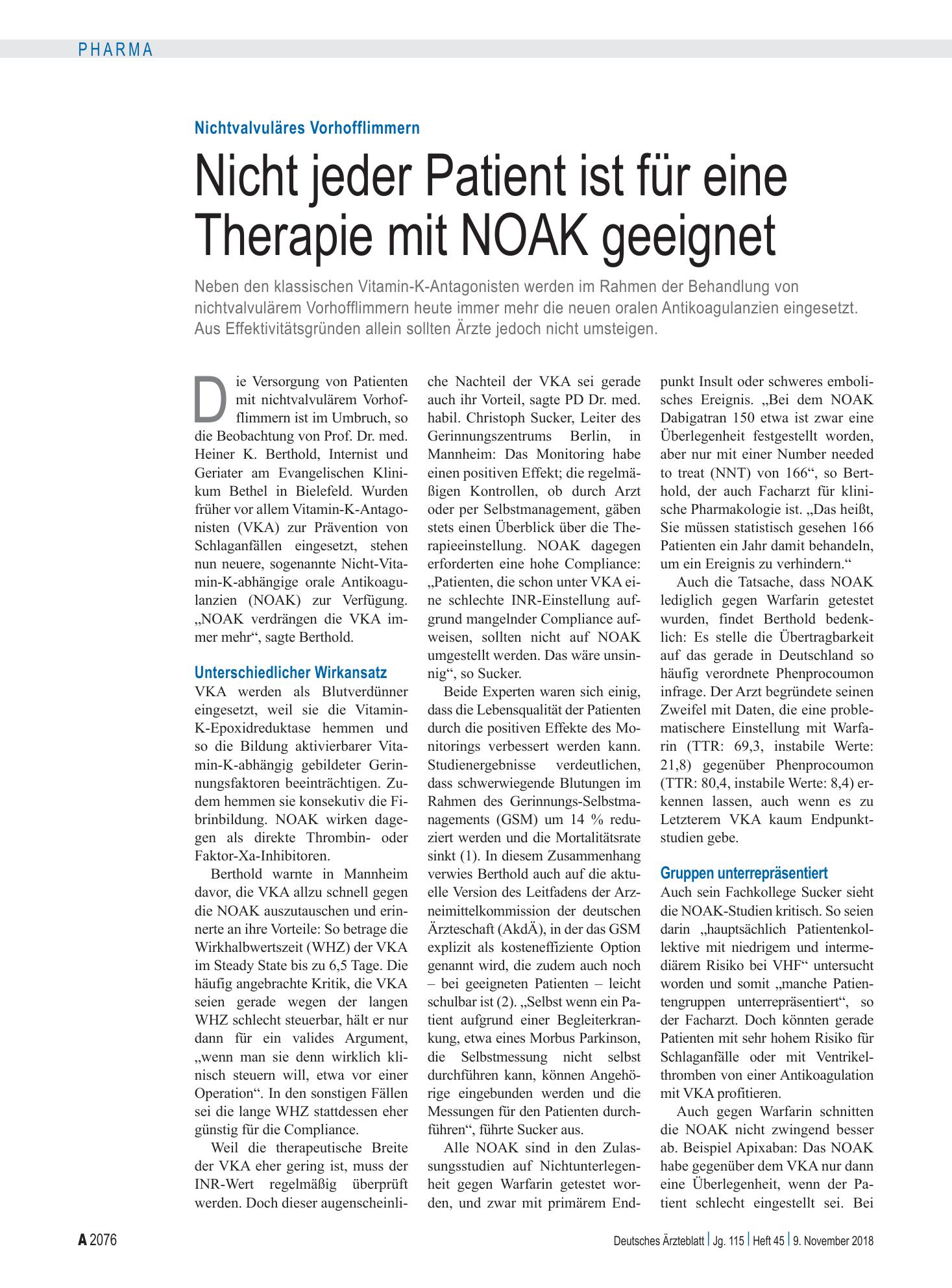 Vorschauseite 1: Nichtvalvuläres Vorhofflimmern: Nicht jeder Patient ist für eine Therapie mit NOAK geeignet – Deutsches Ärzteblatt