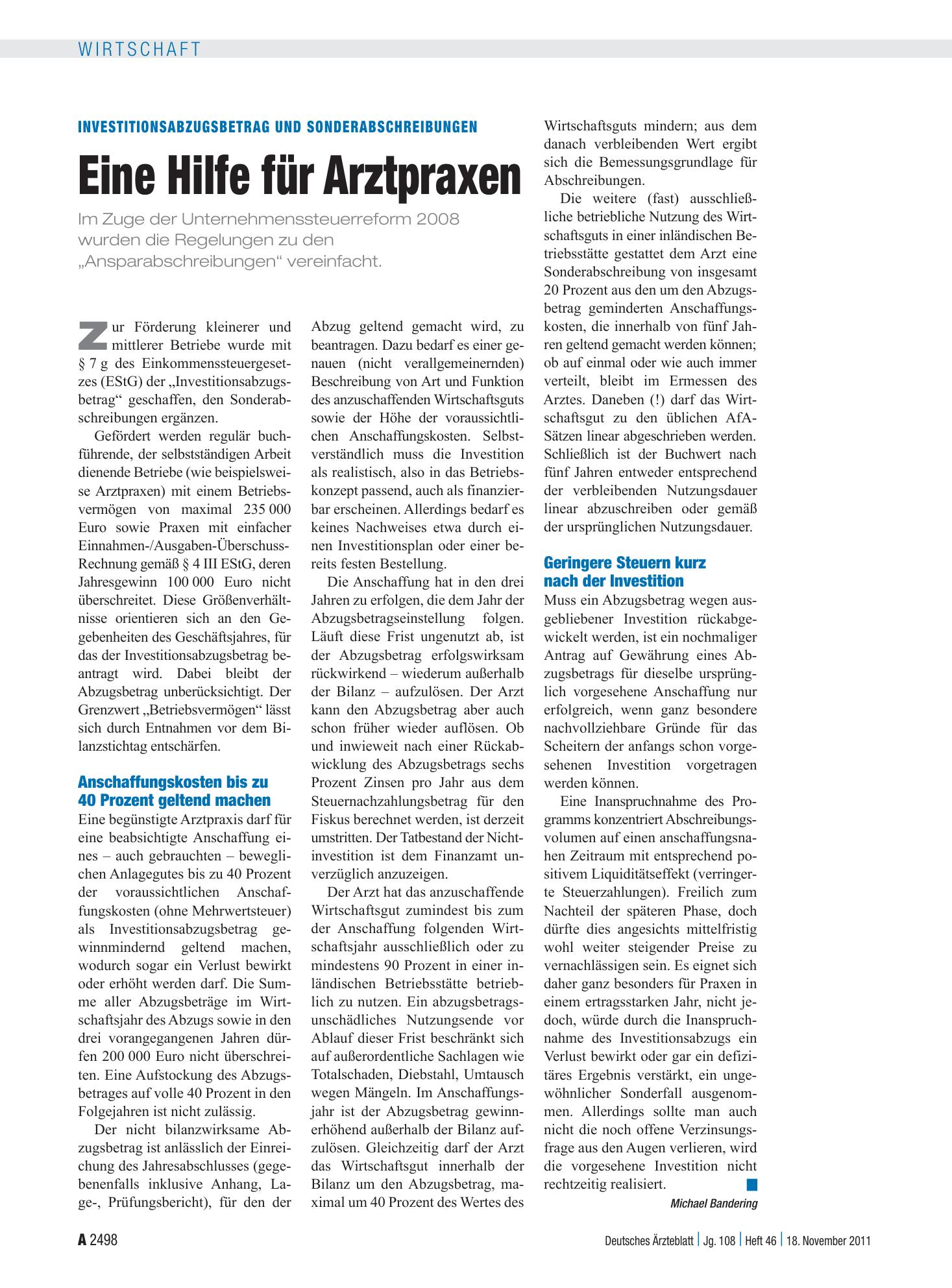Vorschauseite 1: Investitionsabzugsbetrag und Sonderabschreibungen: Eine Hilfe für Arztpraxen – Deutsches Ärzteblatt