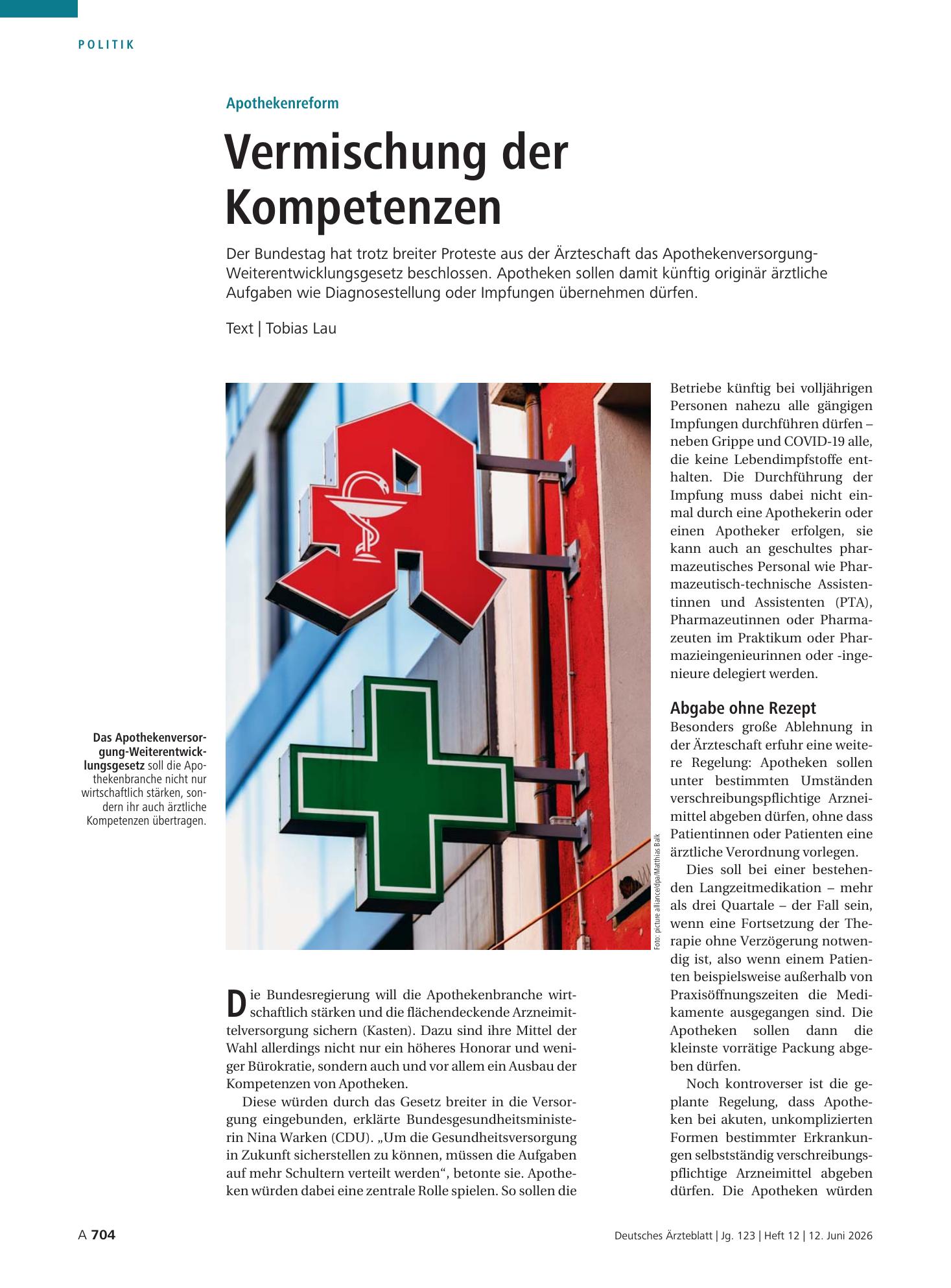 Vorschauseite 1: Apothekenreform: Vermischung der Kompetenzen – Deutsches Ärzteblatt