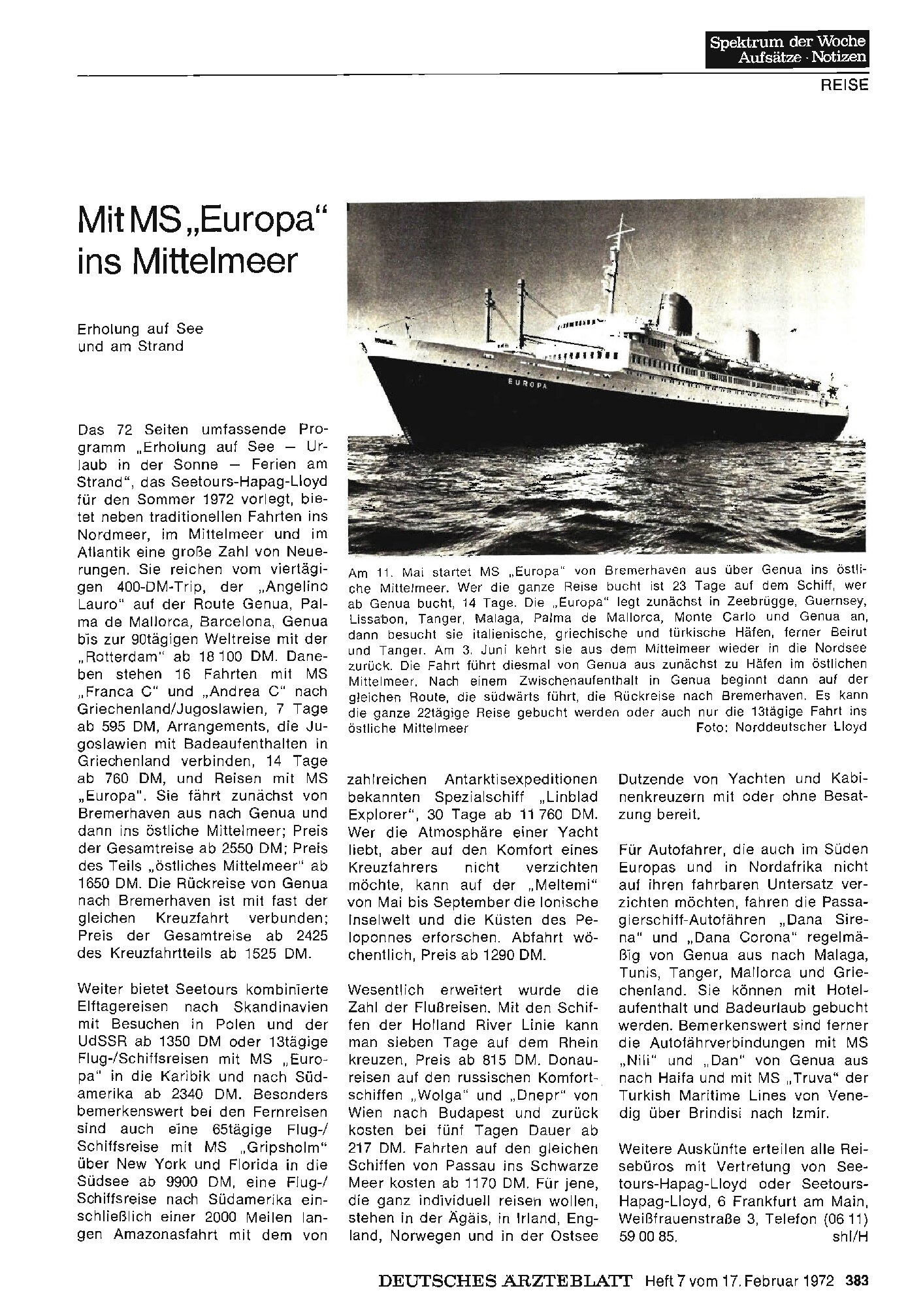 Vorschauseite 1: Mit MS „Europa" ins Mittelmeer