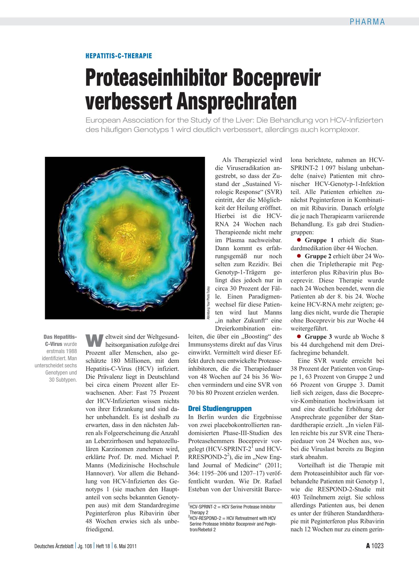 Vorschauseite 1: Hepatitis-C-Therapie: Proteaseinhibitor Boceprevir verbessert Ansprechraten – Deutsches Ärzteblatt