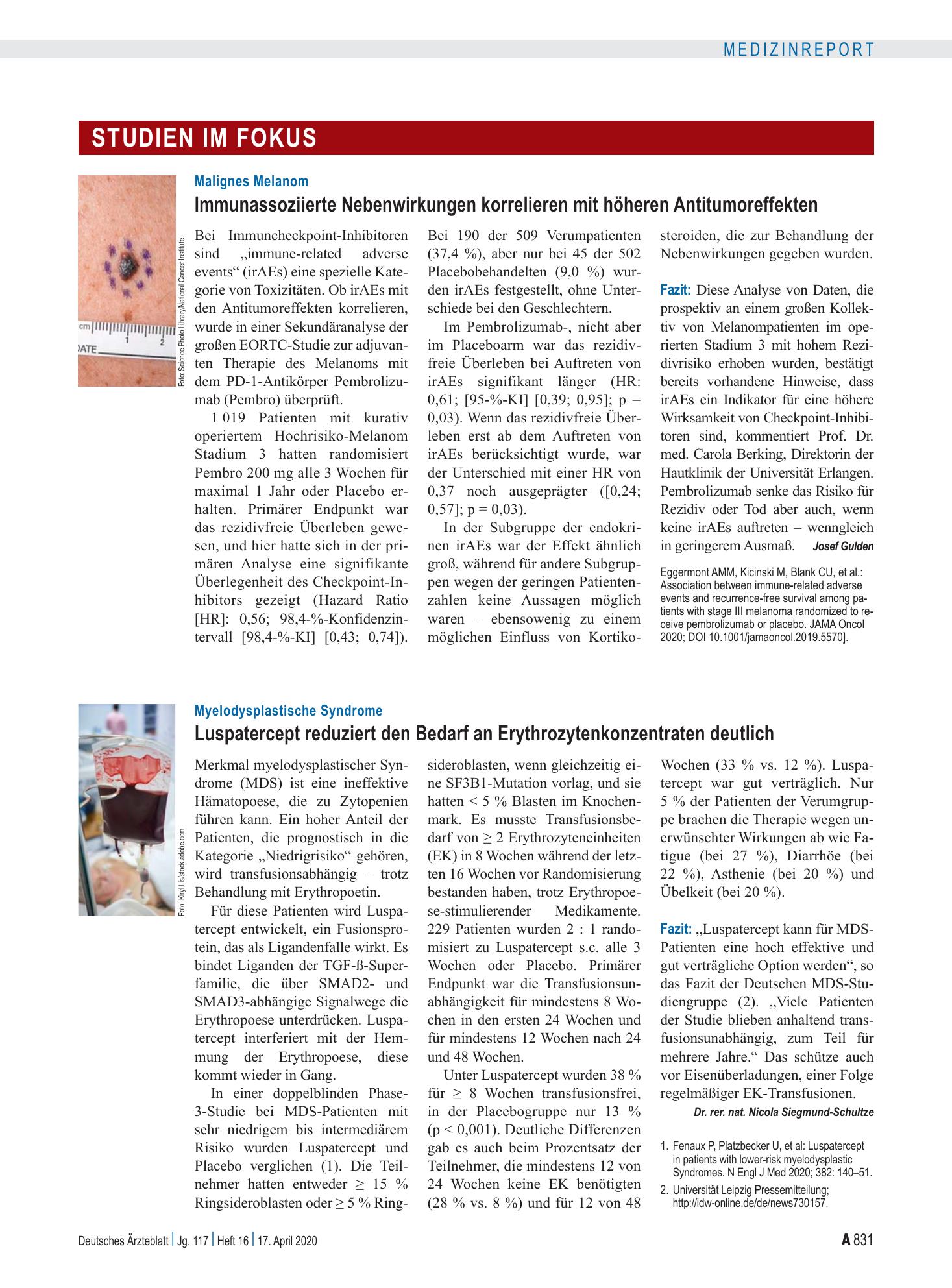 Vorschauseite 1: Myelodysplastische Syndrome: Luspatercept reduziert den Bedarf an Erythrozytenkonzentraten deutlich – Deutsches Ärzteblatt