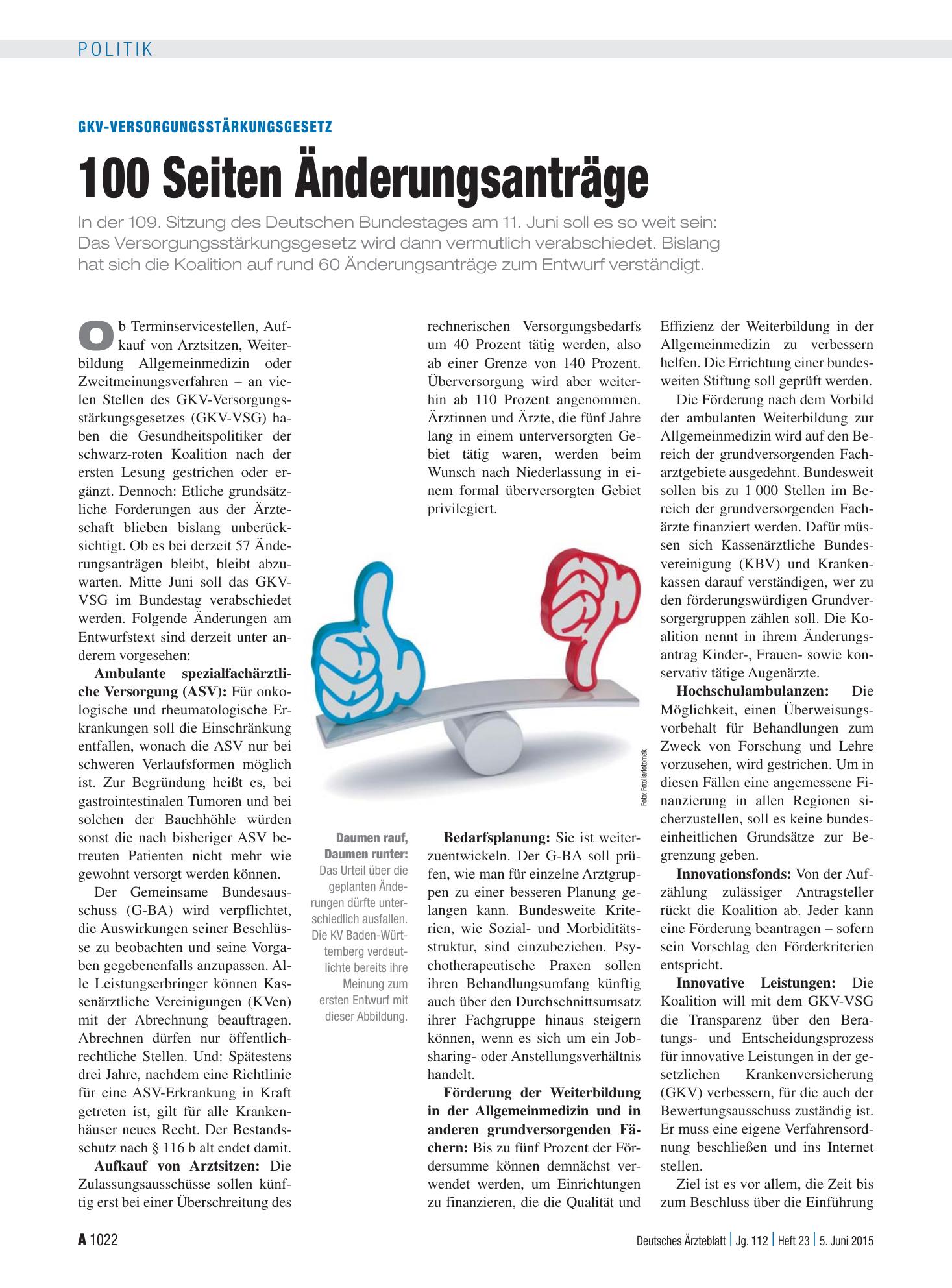 Vorschauseite 1: GKV-Versorgungs­stärkungs­gesetz: 100 Seiten Änderungs­anträge – Deutsches Ärzteblatt