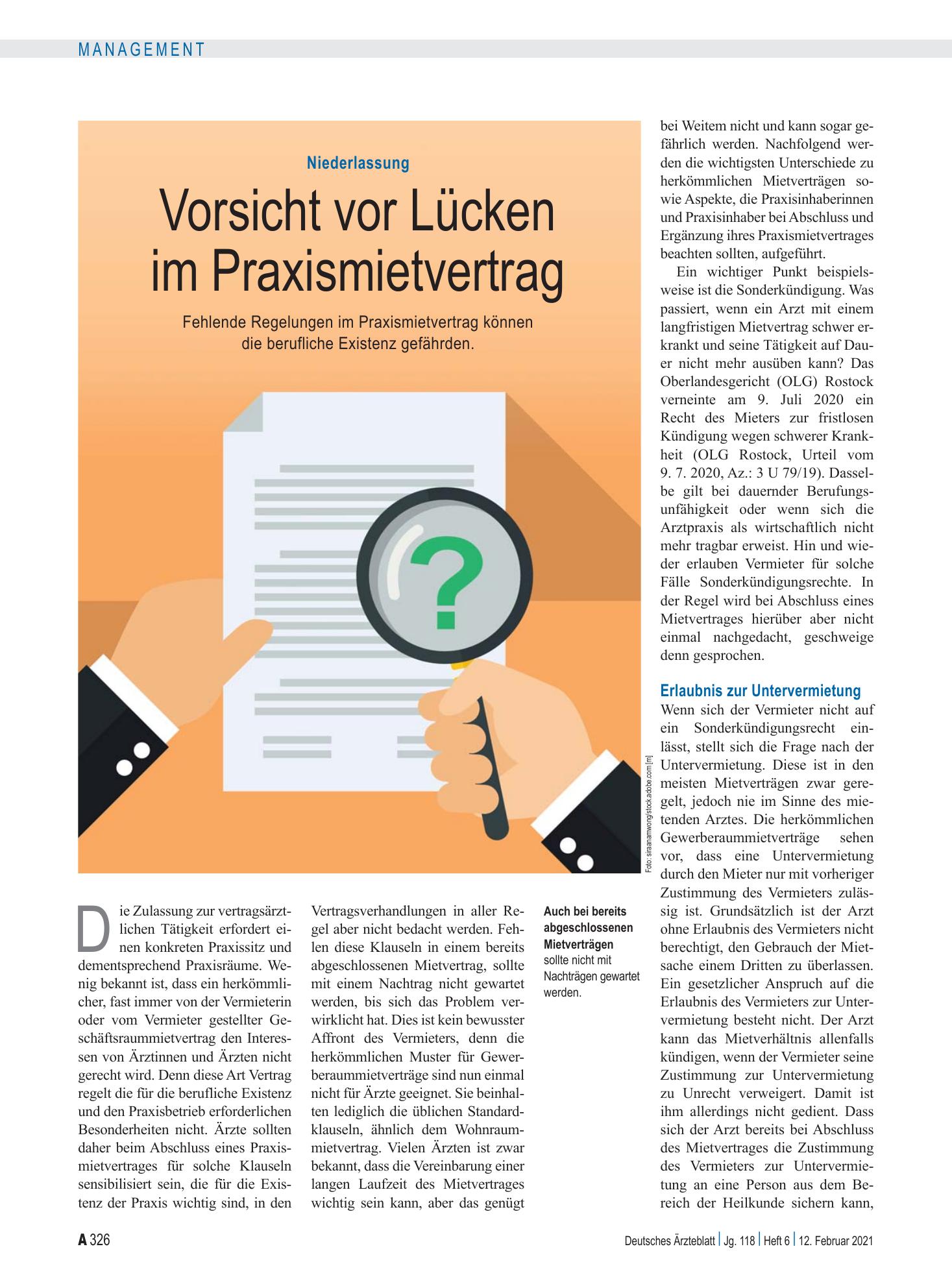 Vorschauseite 1: Niederlassung: Vorsicht vor Lücken im Praxismietvertrag – Deutsches Ärzteblatt