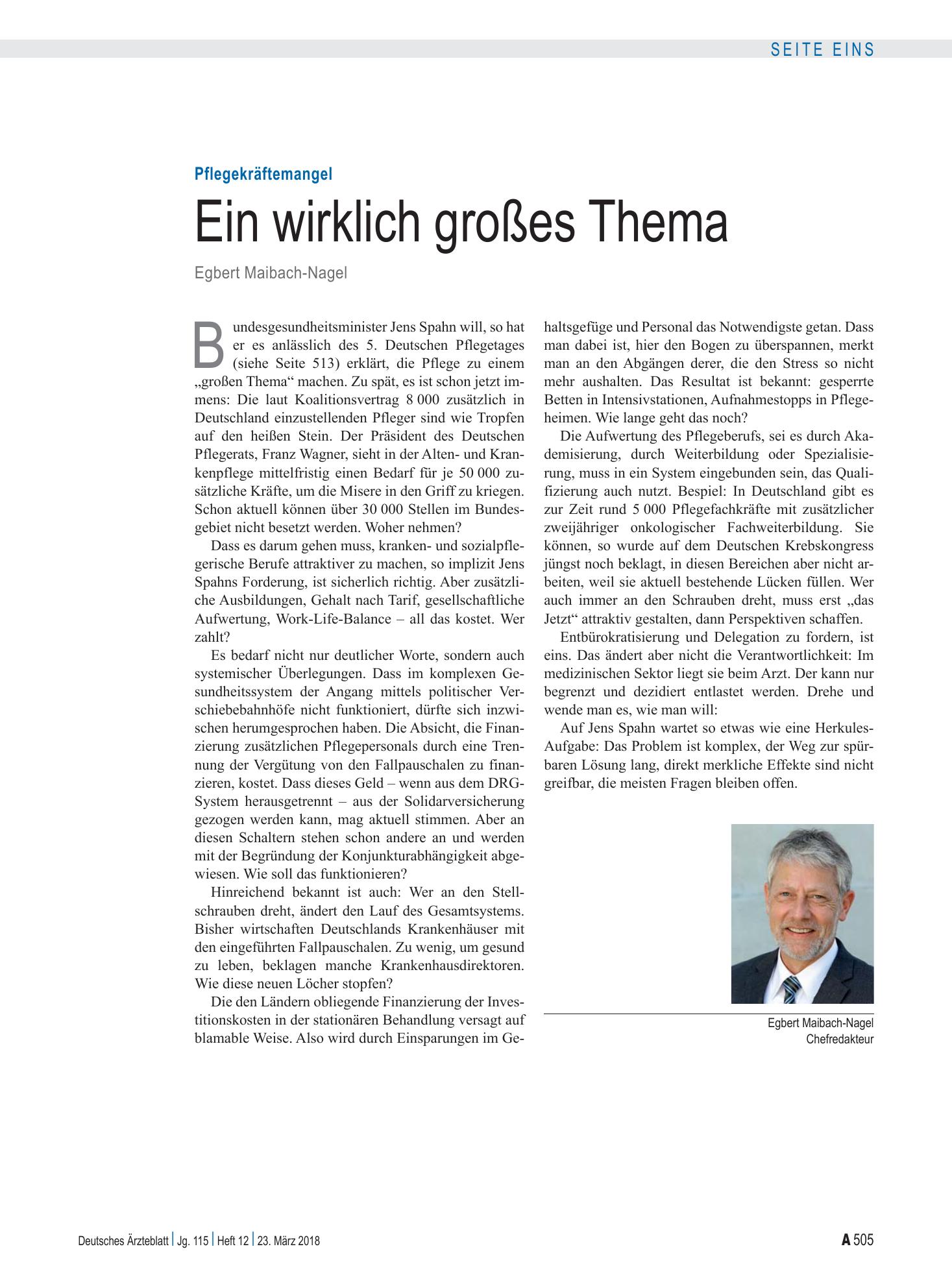 Vorschauseite 1: Pflegekräftemangel: Ein wirklich großes Thema – Deutsches Ärzteblatt