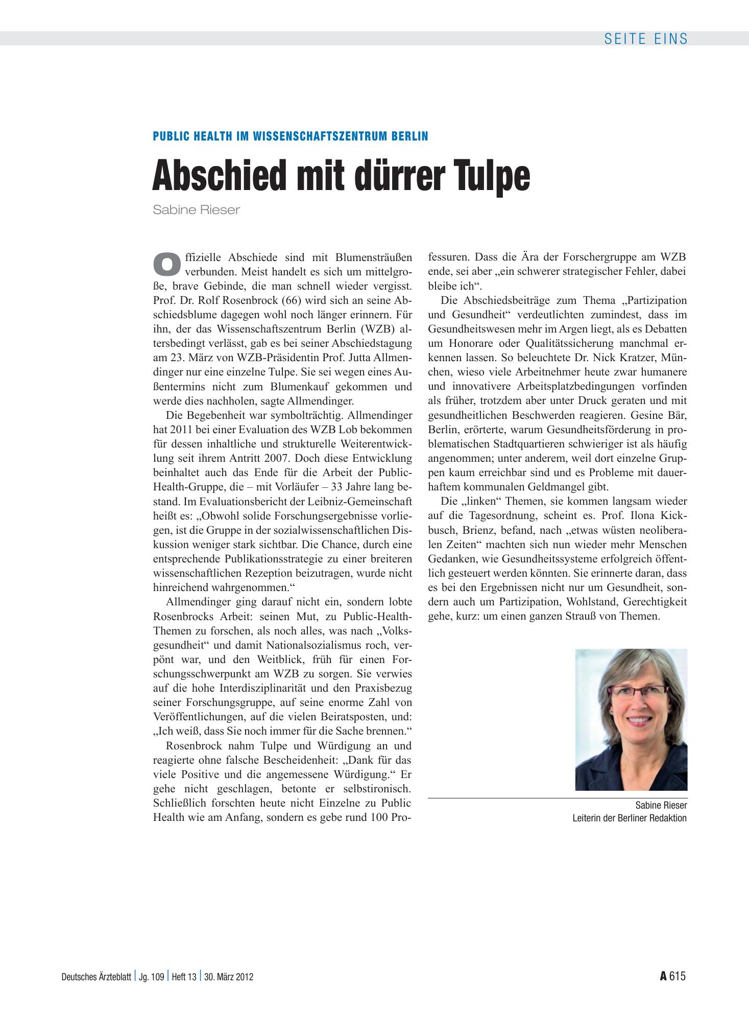 Vorschauseite 1: Public Health im Wissenschaftszentrum Berlin: Abschied mit dürrer Tulpe – Deutsches Ärzteblatt