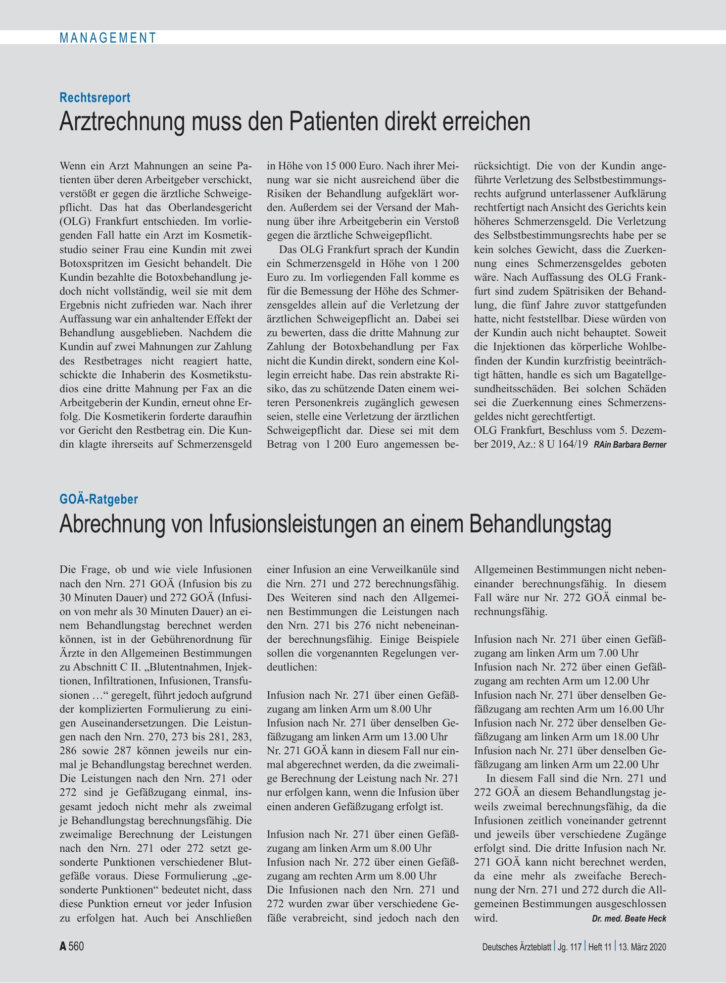 Vorschauseite 1: Rechtsreport: Arztrechnung muss den Patienten direkt erreichen – Deutsches Ärzteblatt