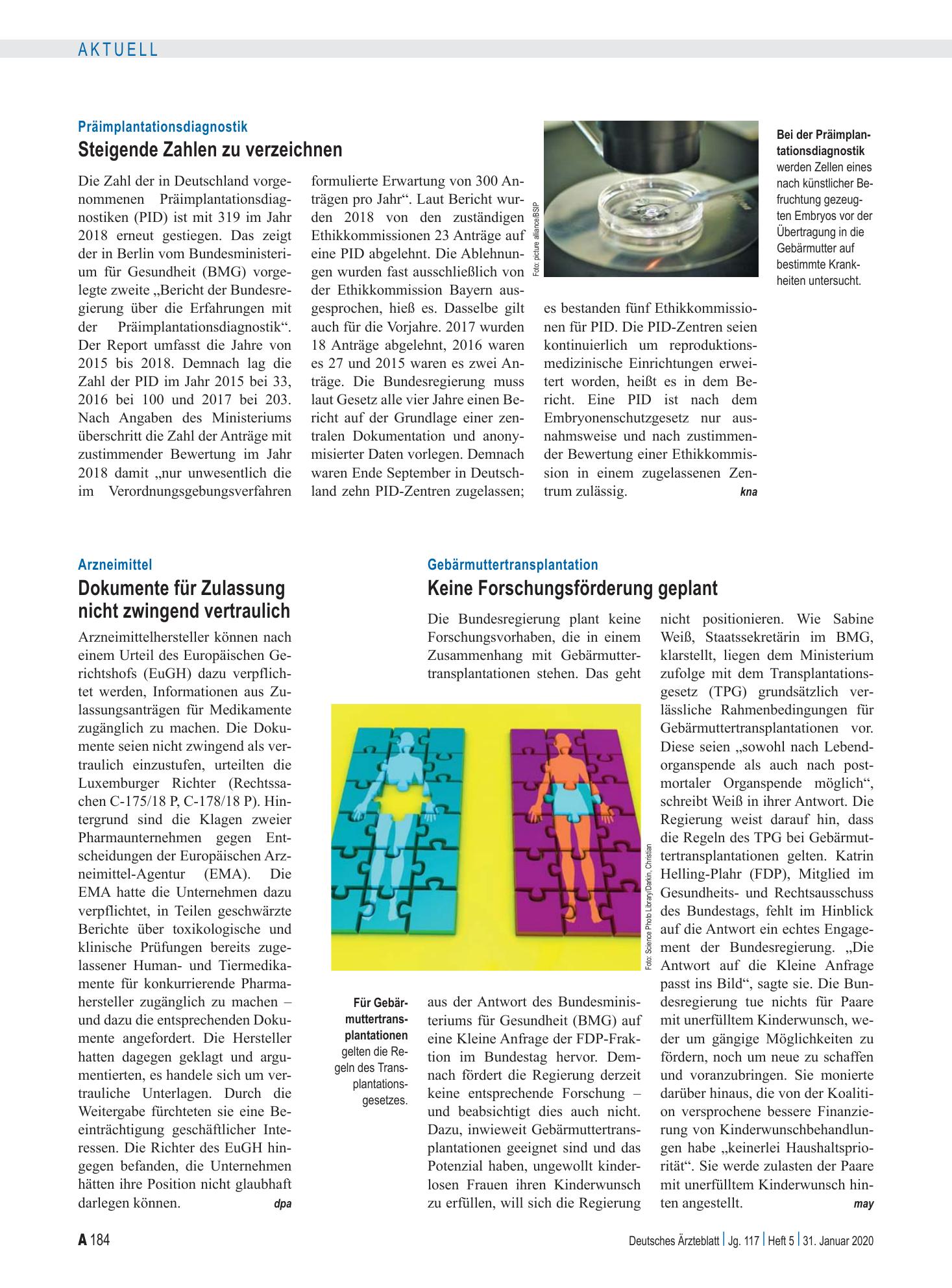 Vorschauseite 1: Arzneimittel: Dokumente für Zulassung nicht zwingend vertraulich – Deutsches Ärzteblatt