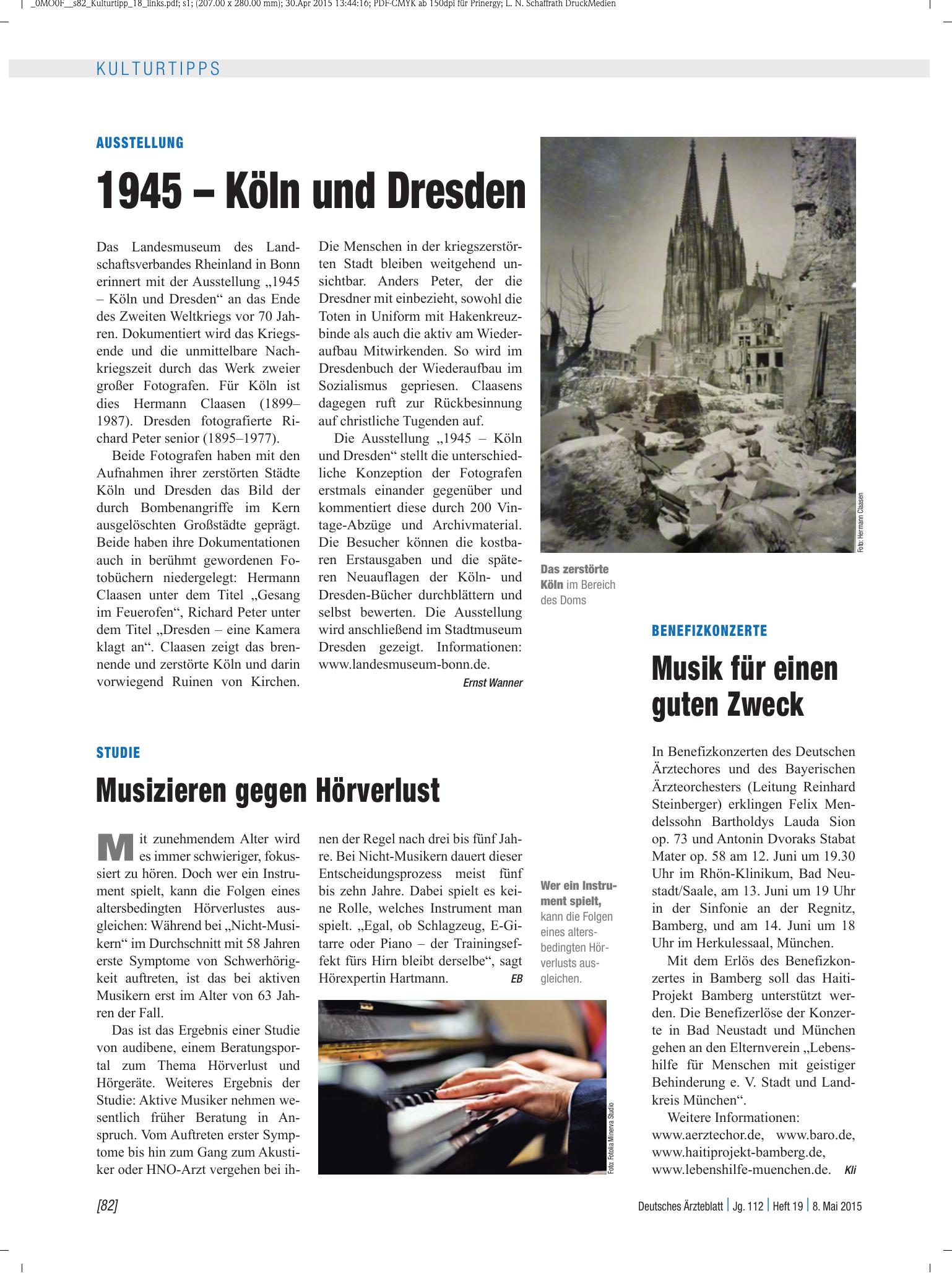 Vorschauseite 1: Ausstellung: 1945 – Köln und Dresden – Deutsches Ärzteblatt