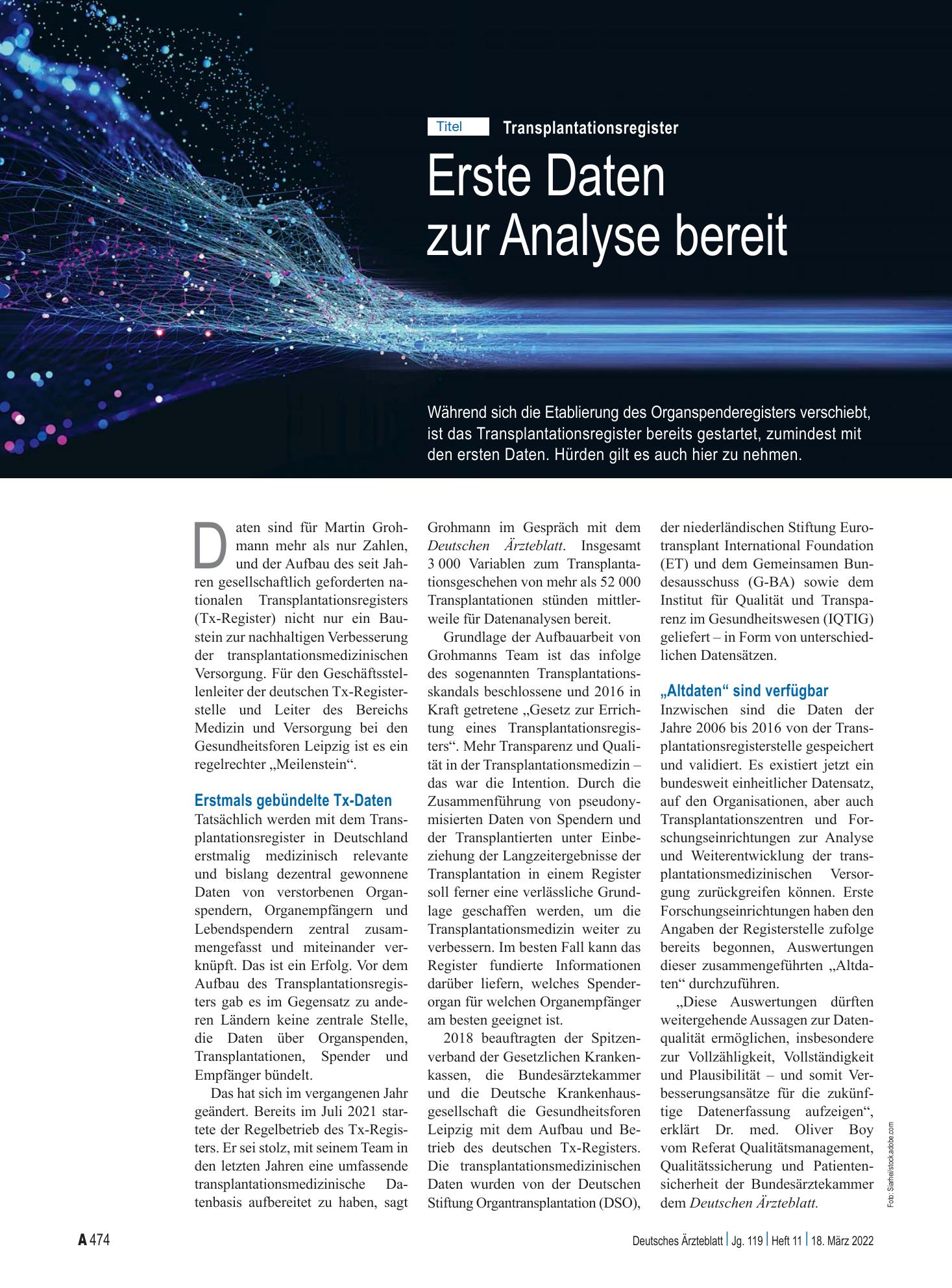 Vorschauseite 1: Transplantationsregister: Erste Daten zur Analyse bereit – Deutsches Ärzteblatt