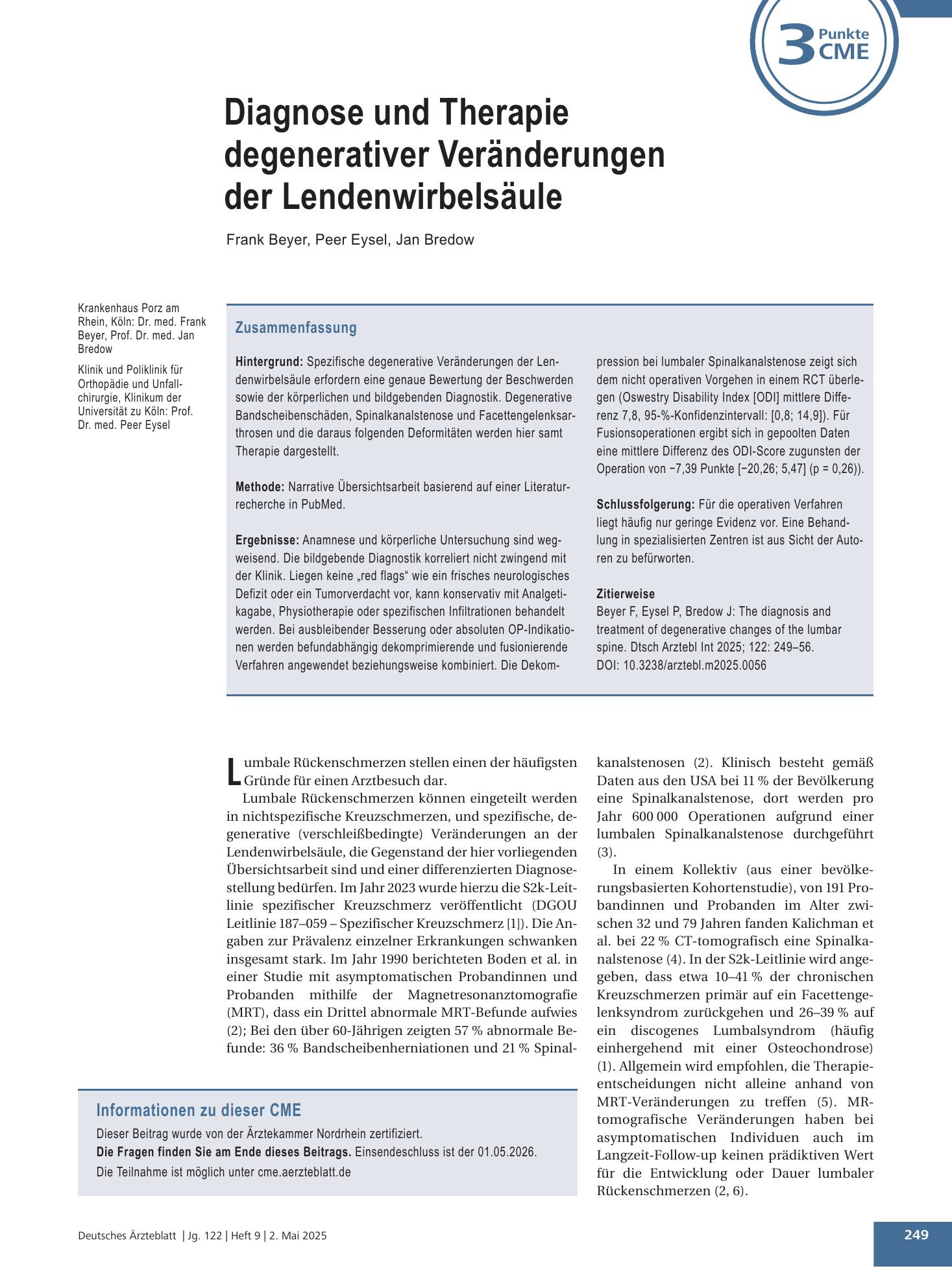 Vorschauseite 1: Diagnose und Therapie degenerativer Veränderungen der Lendenwirbelsäule – Deutsches Ärzteblatt