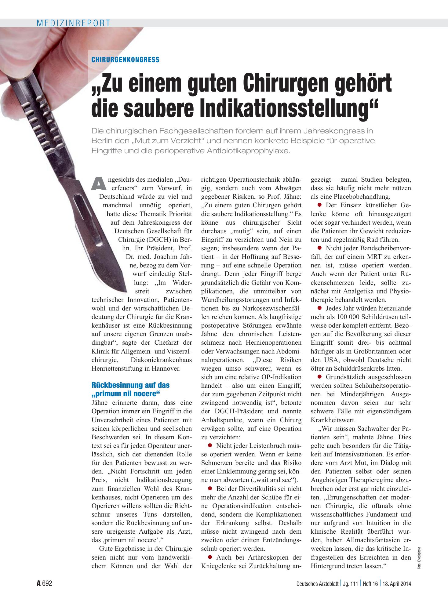 Vorschauseite 1: Chirurgenkongress: „Zu einem guten Chirurgen gehört die saubere Indikationsstellung“ – Deutsches Ärzteblatt