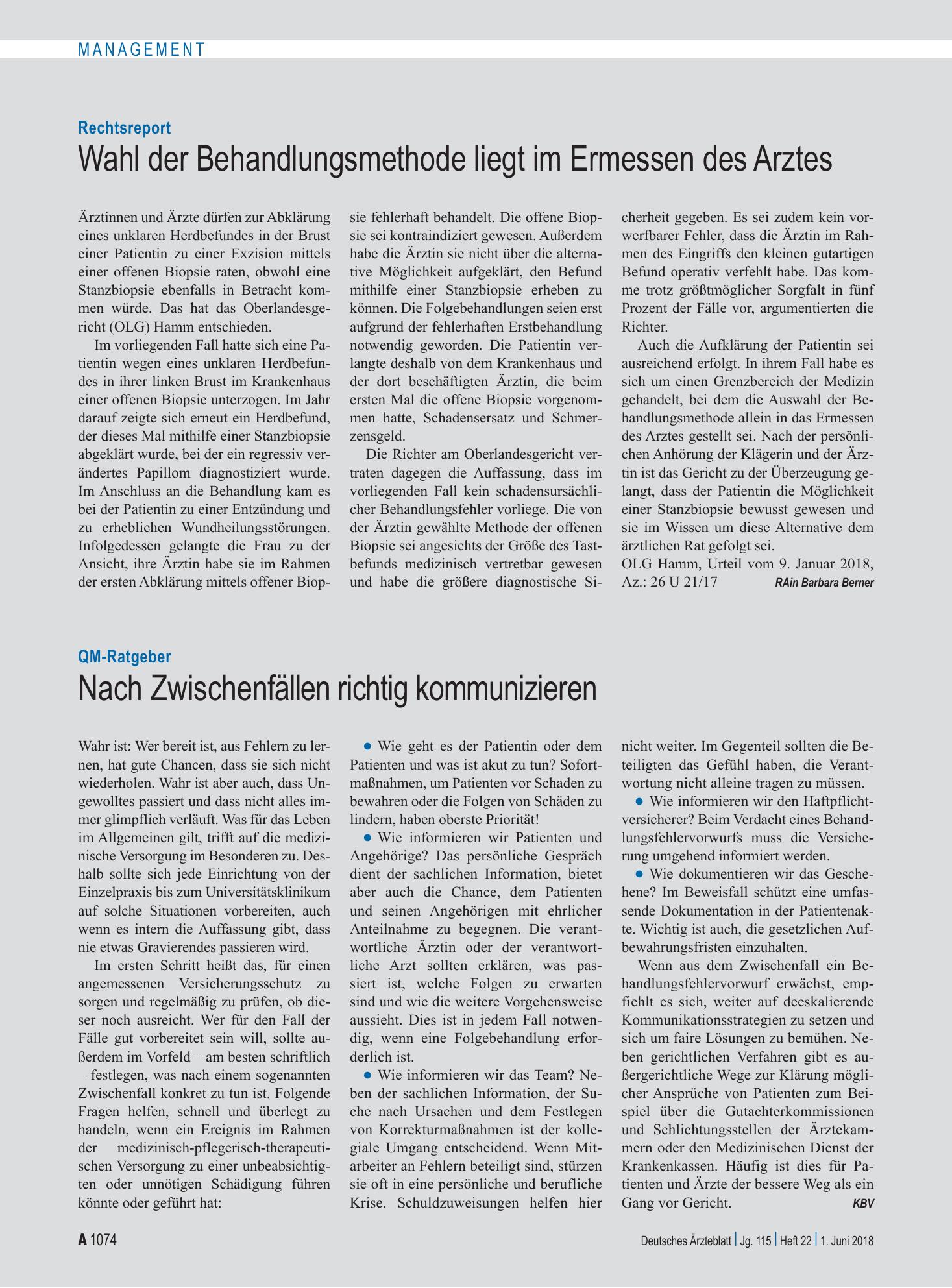 Vorschauseite 1: Rechtsreport: Wahl der Behandlungsmethode liegt im Ermessen des Arztes – Deutsches Ärzteblatt