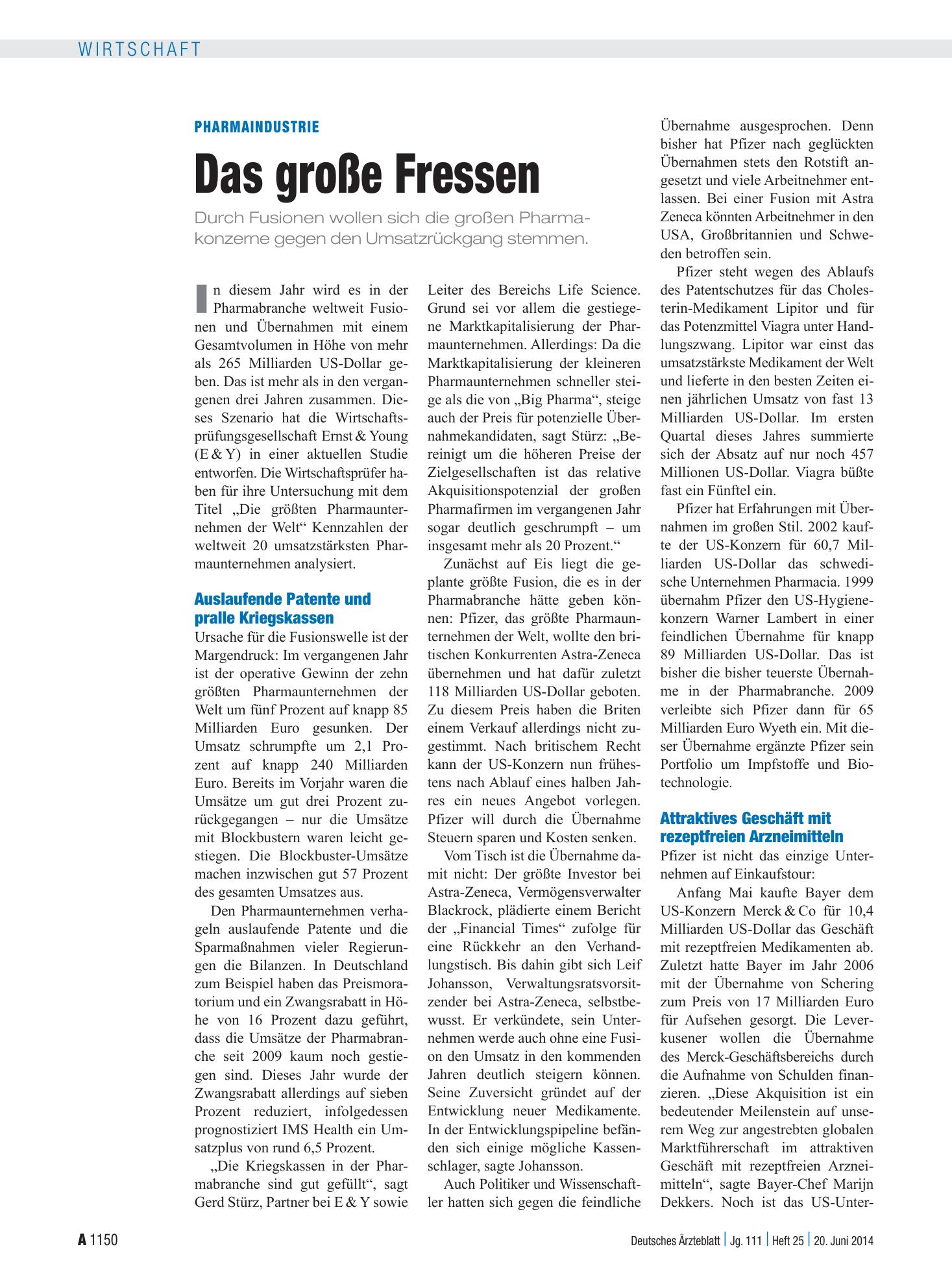 Vorschauseite 1: Pharmaindustrie: Das große Fressen – Deutsches Ärzteblatt