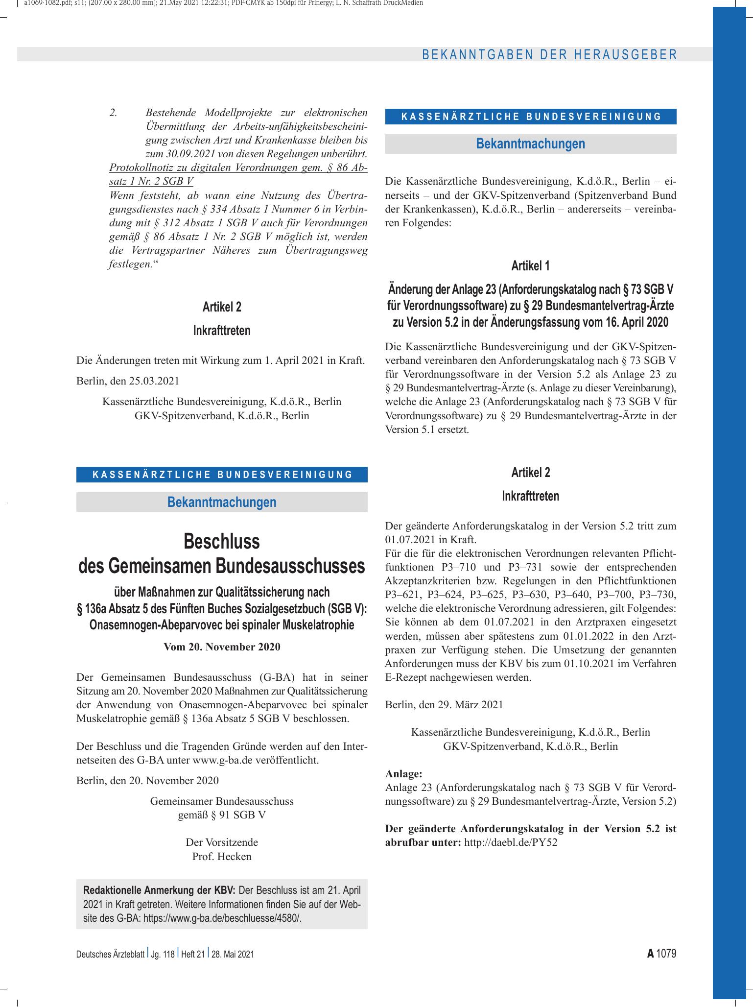 Vorschauseite 1: Beschluss des Gemeinsamen Bundesausschusses über Maßnahmen zur Qualitätssicherung nach § 136a Absatz 5 des Fünften Buches Sozialgesetzbuch (SGB V): Onasemnogen-Abeparvovec bei spi…