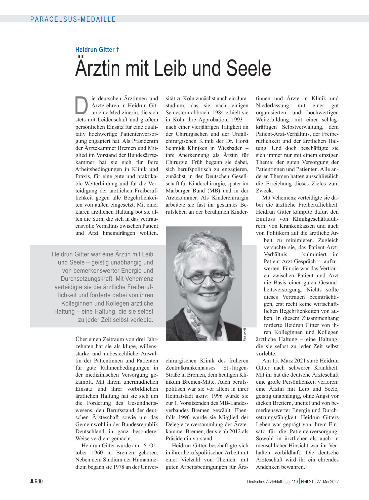 Vorschauseite 1: Heidrun Gitter †: Ärztin mit Leib und Seele – Deutsches Ärzteblatt