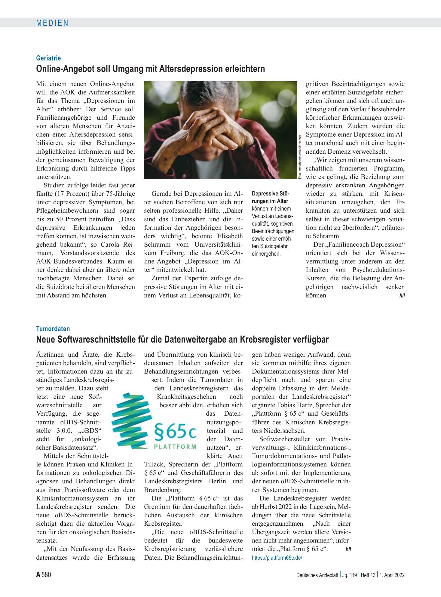 Vorschauseite 1: Geriatrie: Online-Angebot soll Umgang mit Altersdepression erleichtern – Deutsches Ärzteblatt