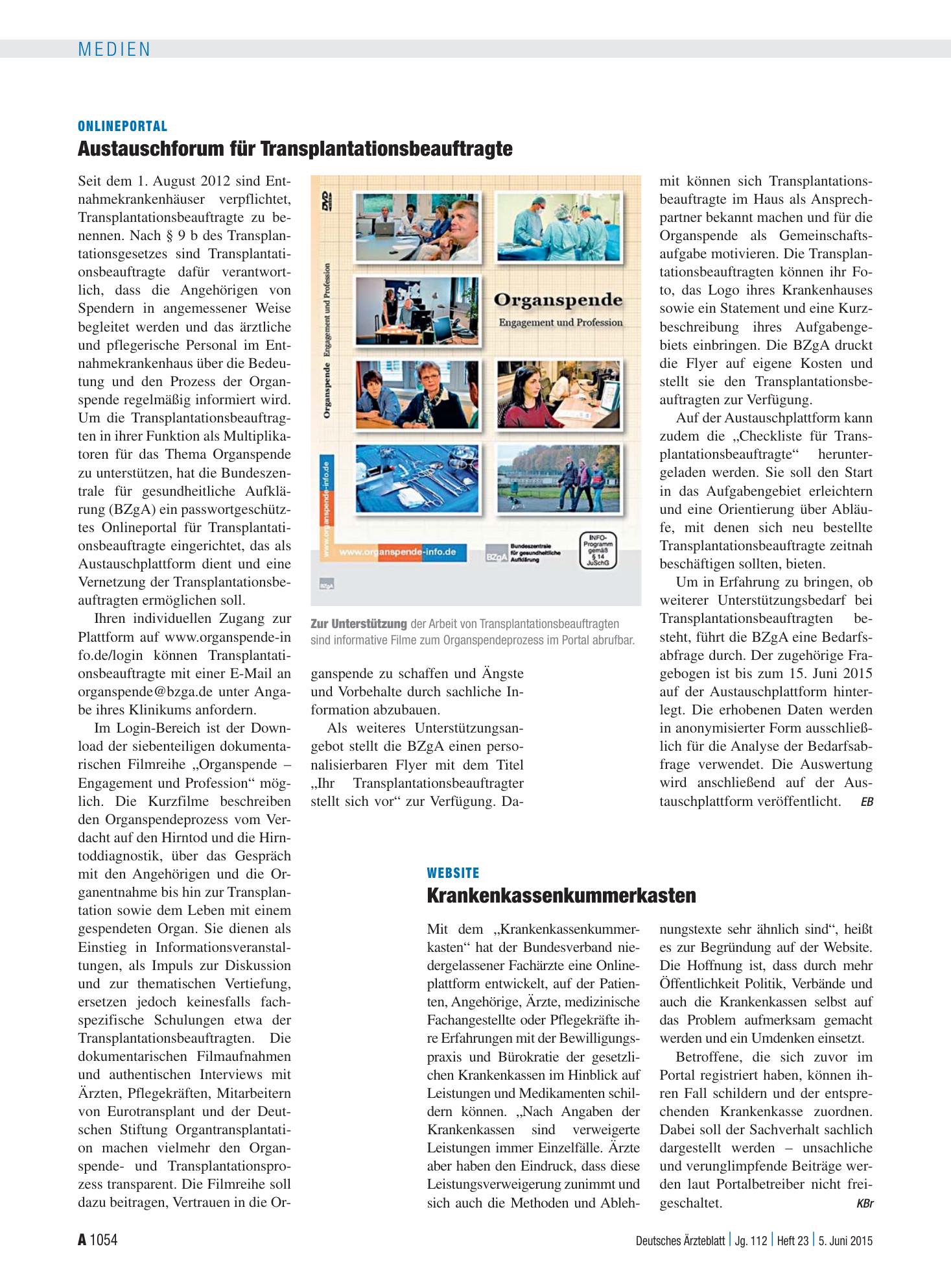 Vorschauseite 1: Website: Krankenkassenkummerkasten – Deutsches Ärzteblatt