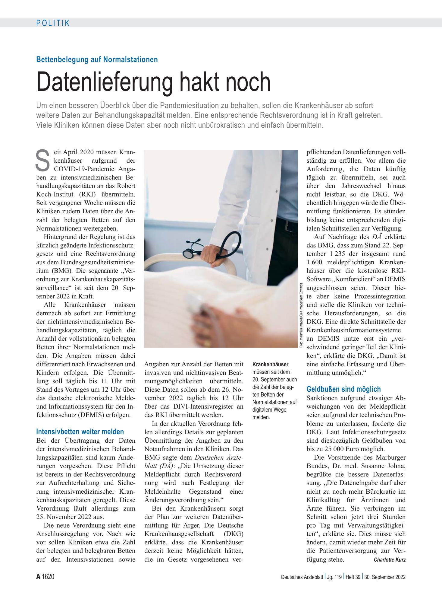 Vorschauseite 1: Bettenbelegung auf Normalstationen: Datenlieferung hakt noch – Deutsches Ärzteblatt