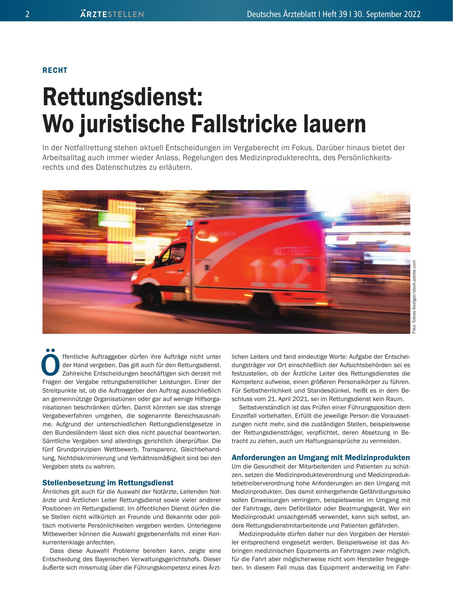 Vorschauseite 1: Recht: Rettungsdienst – Wo juristische Fallstricke lauern – Deutsches Ärzteblatt
