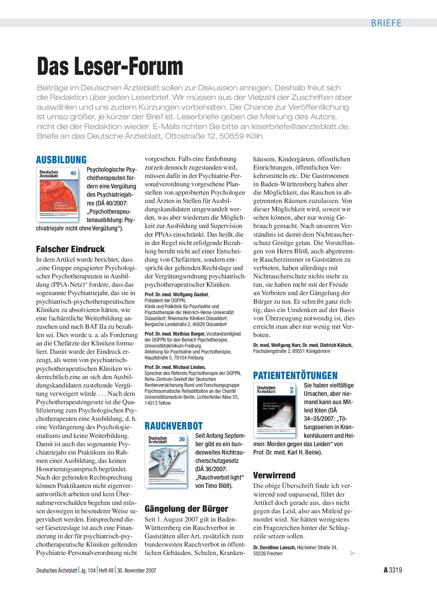Vorschauseite 1: Patiententötungen: Verwirrend – Deutsches Ärzteblatt