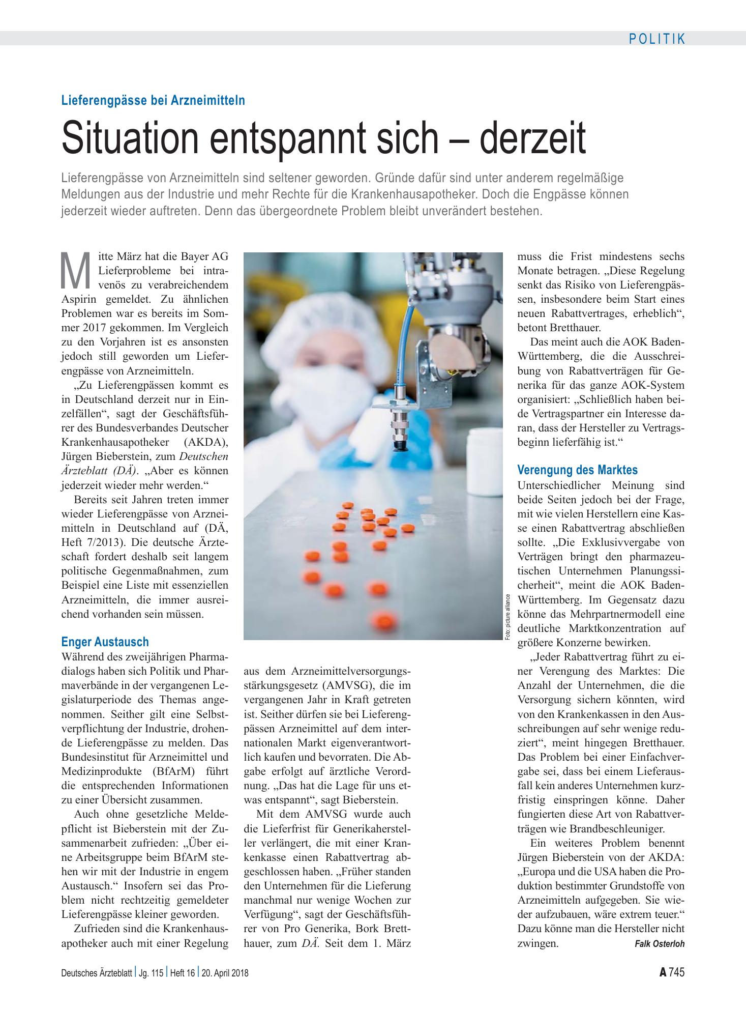 Vorschauseite 1: Lieferengpässe bei Arzneimitteln: Situation entspannt sich – derzeit – Deutsches Ärzteblatt