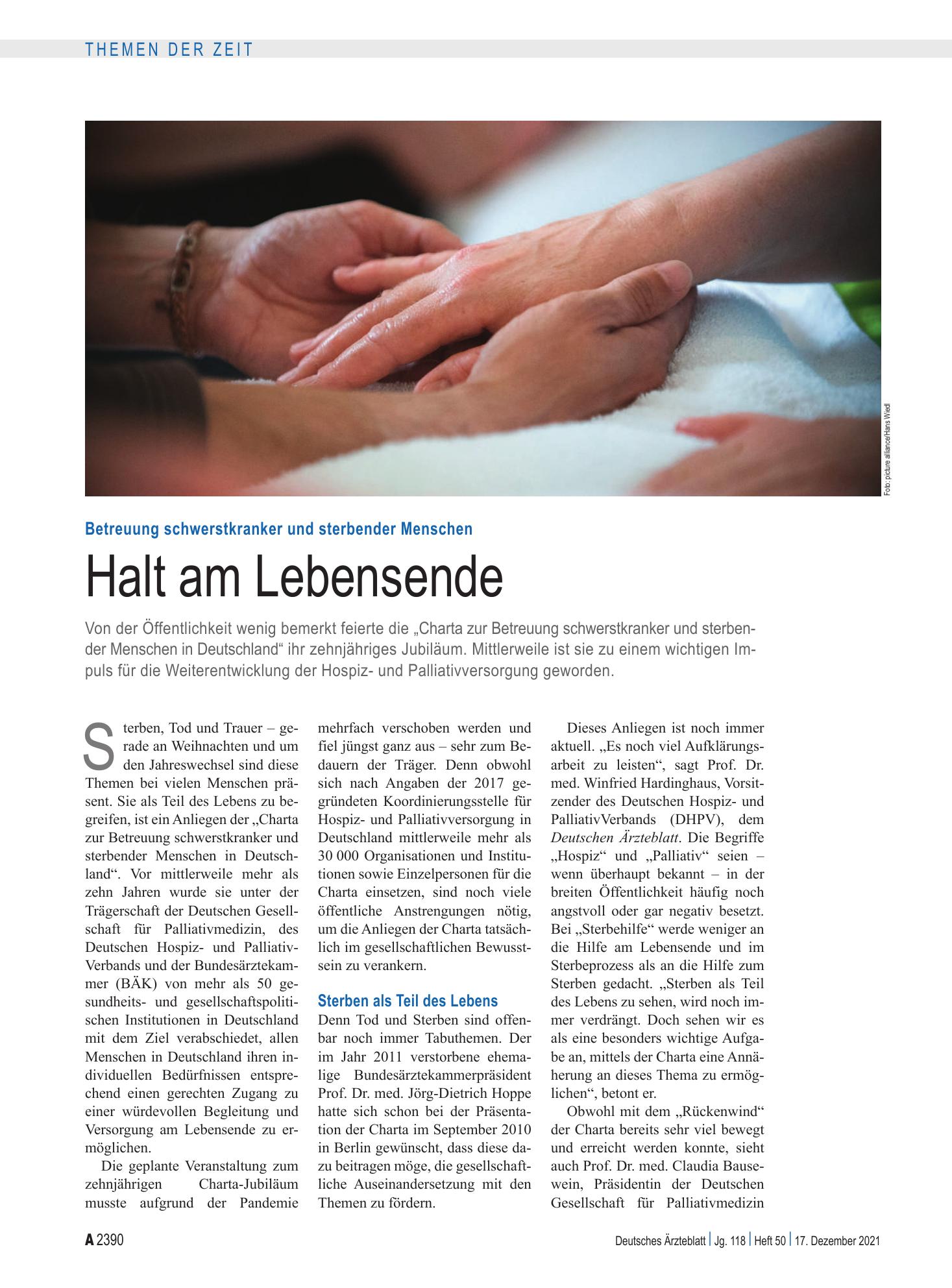 Vorschauseite 1: Betreuung schwerstkranker und sterbender Menschen: Halt am Lebensende – Deutsches Ärzteblatt