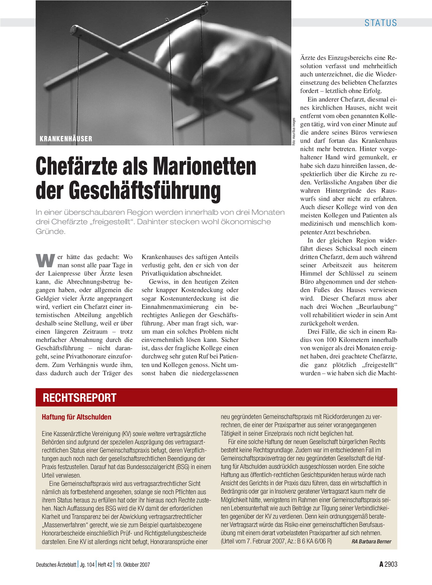 Vorschauseite 1: Haftung für Altschulden – Deutsches Ärzteblatt