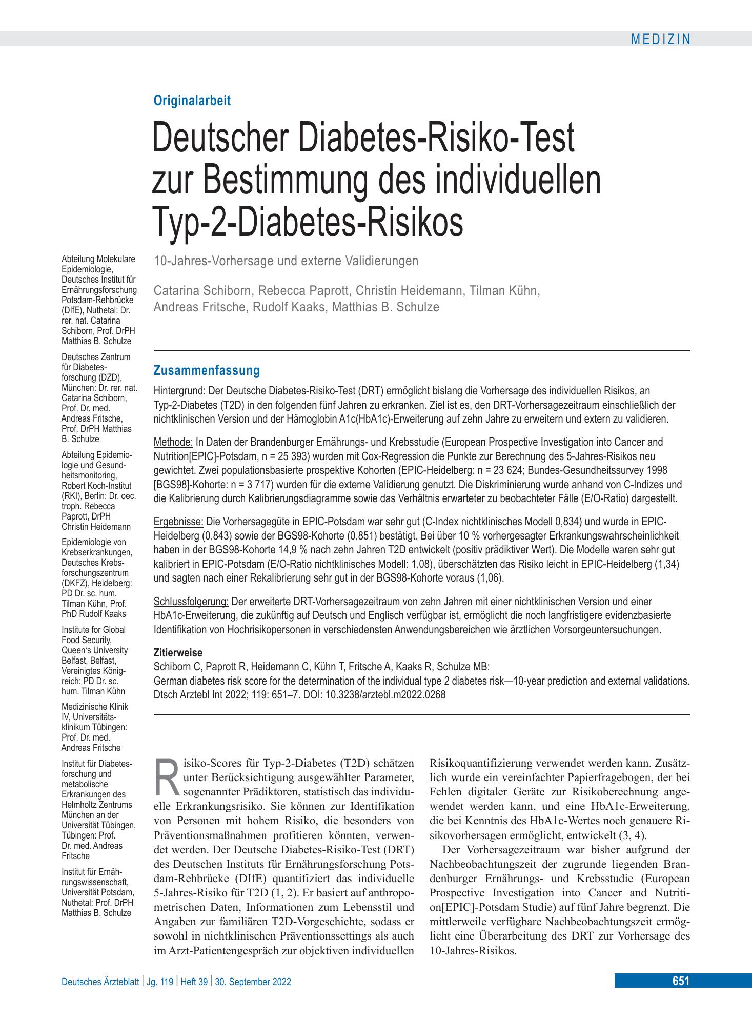 Vorschauseite 1: Deutscher Diabetes-Risiko-Test zur Bestimmung des individuellen Typ-2-Diabetes-Risikos – Deutsches Ärzteblatt