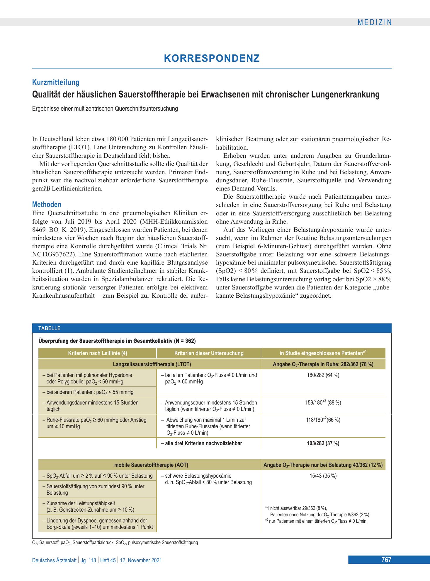 Vorschauseite 1: Qualität der häuslichen Sauerstofftherapie bei Erwachsenen mit chronischer Lungenerkrankung – Deutsches Ärzteblatt