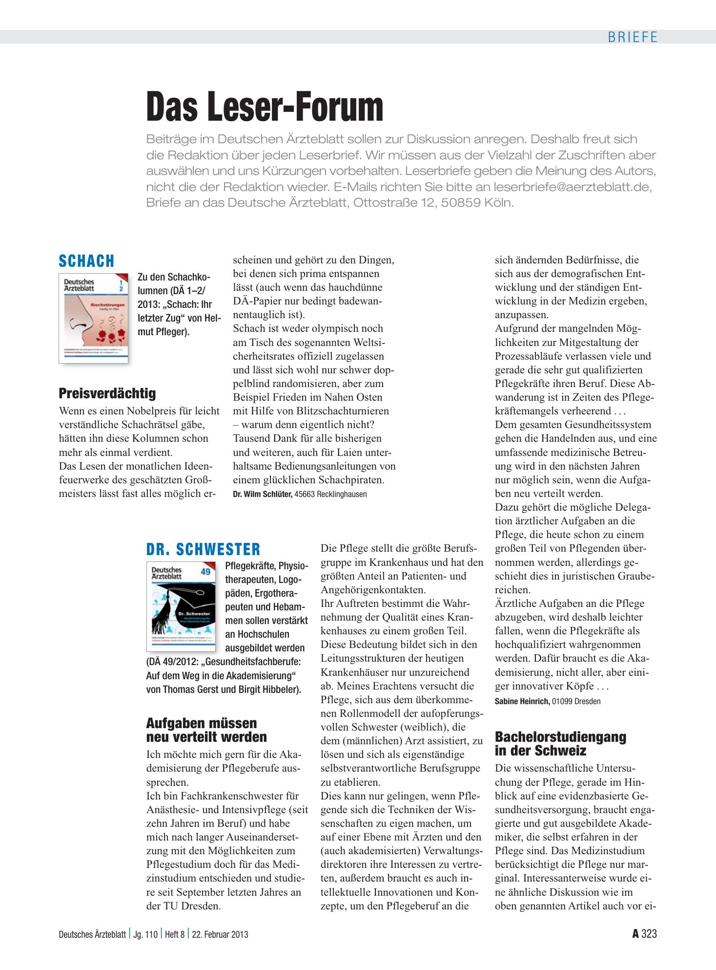 Vorschauseite 1: Dr. Schwester: Bachelorstudiengang in der Schweiz – Deutsches Ärzteblatt