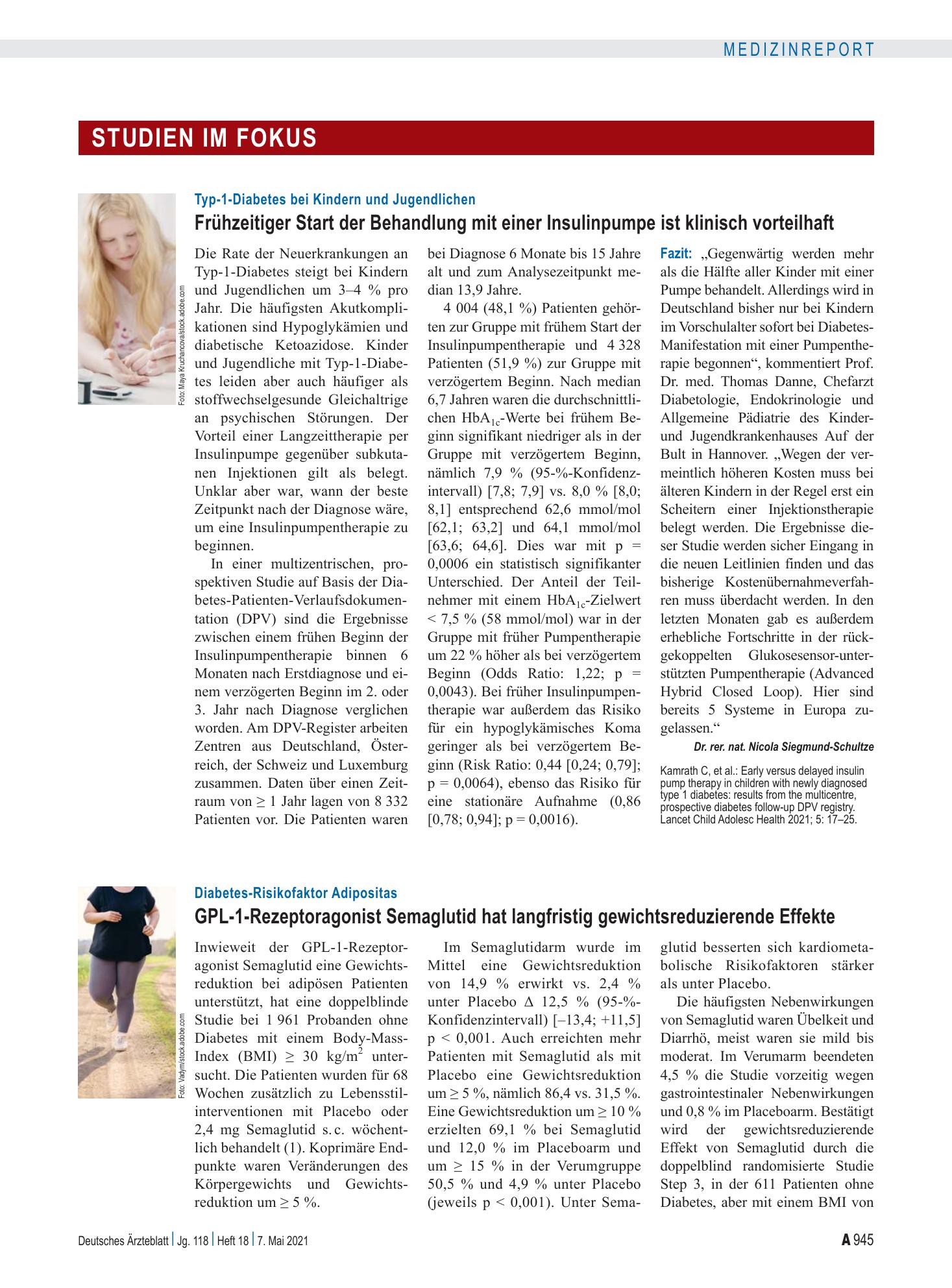 Vorschauseite 1: Typ-1-Diabetes bei Kindern und Jugendlichen: Frühzeitiger Start der Behandlung mit einer Insulinpumpe ist klinisch vorteilhaft – Deutsches Ärzteblatt