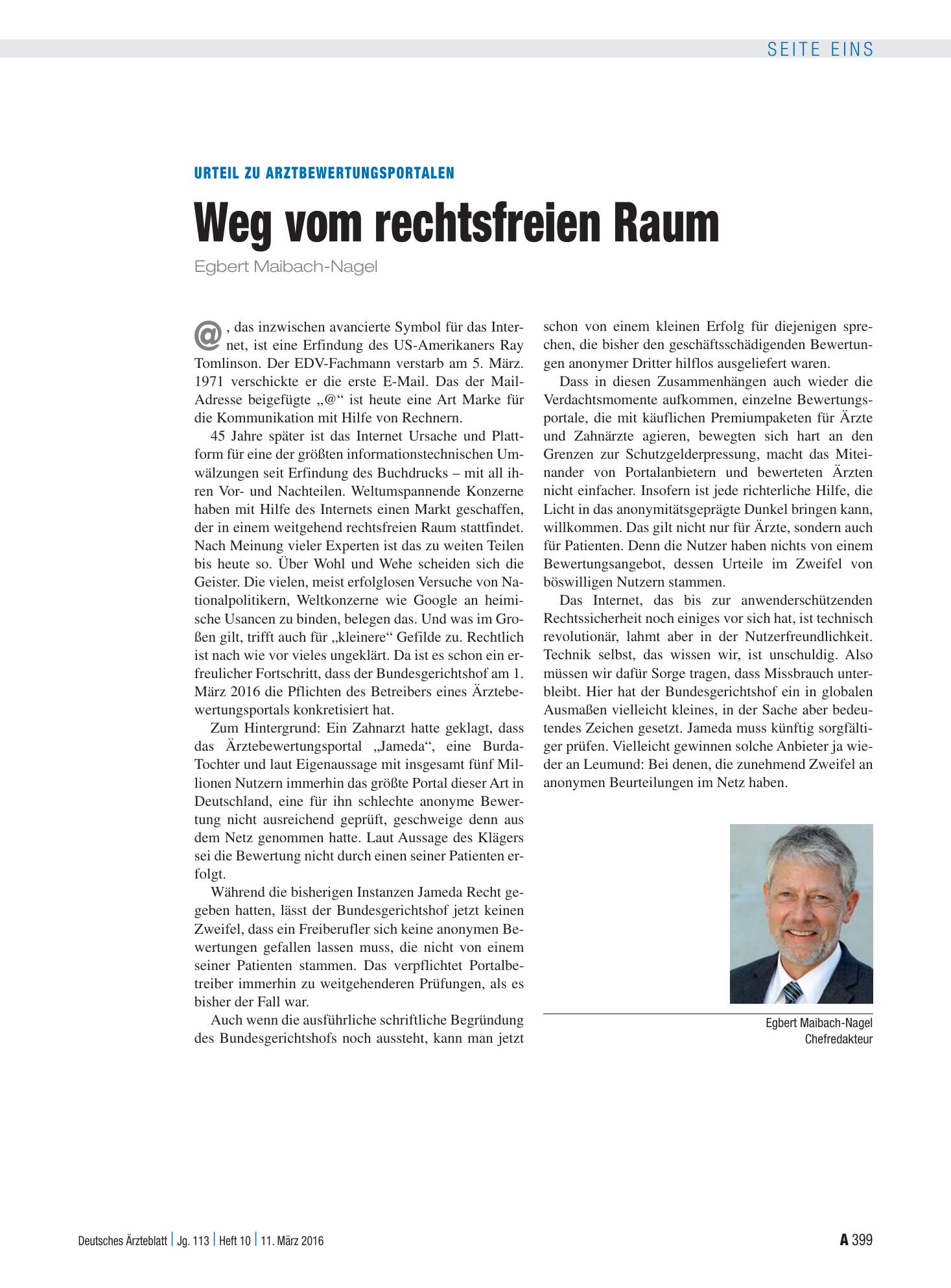Vorschauseite 1: Urteil zu Arztbewertungsportalen: Weg vom rechtsfreien Raum – Deutsches Ärzteblatt