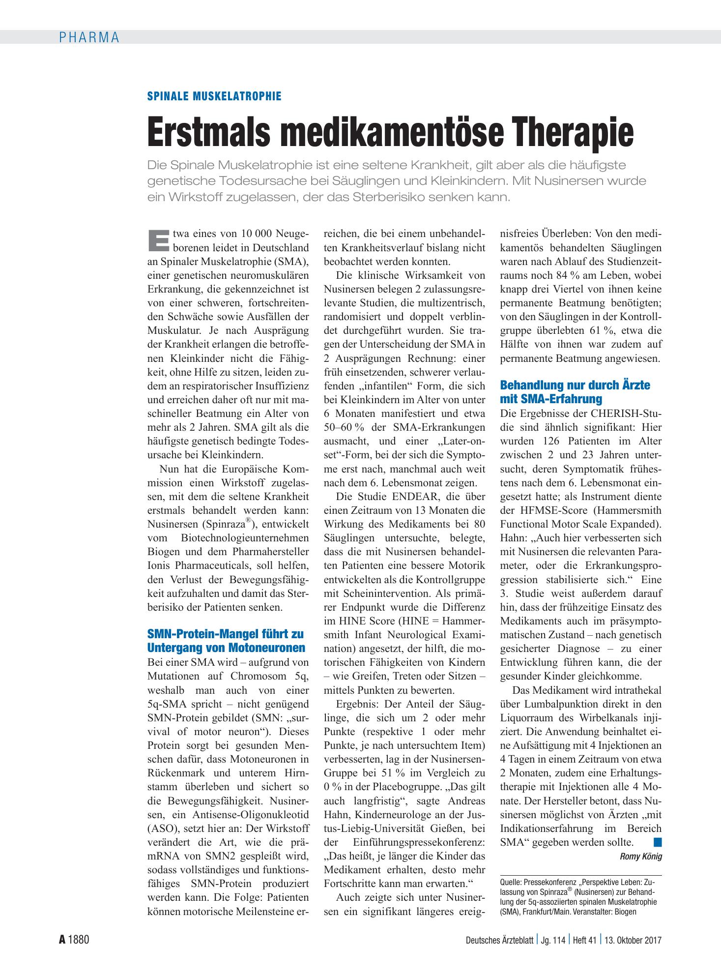 Vorschauseite 1: Spinale Muskelatrophie: Erstmals medikamentöse Therapie – Deutsches Ärzteblatt