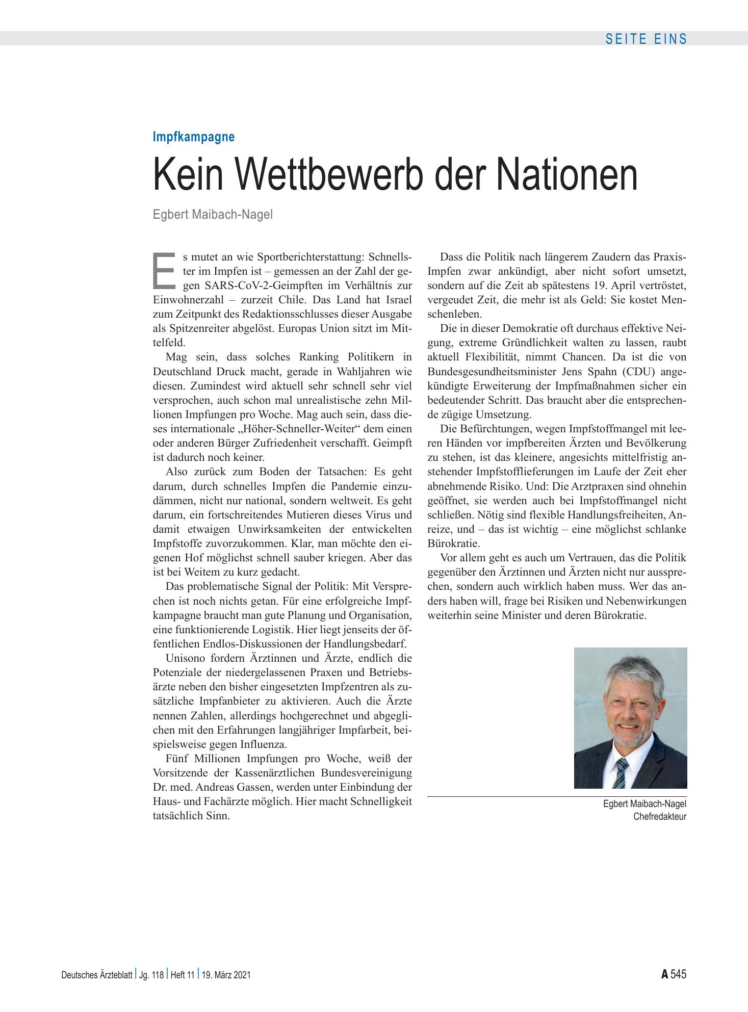 Vorschauseite 1: Impfkampagne: Kein Wettbewerb der Nationen – Deutsches Ärzteblatt