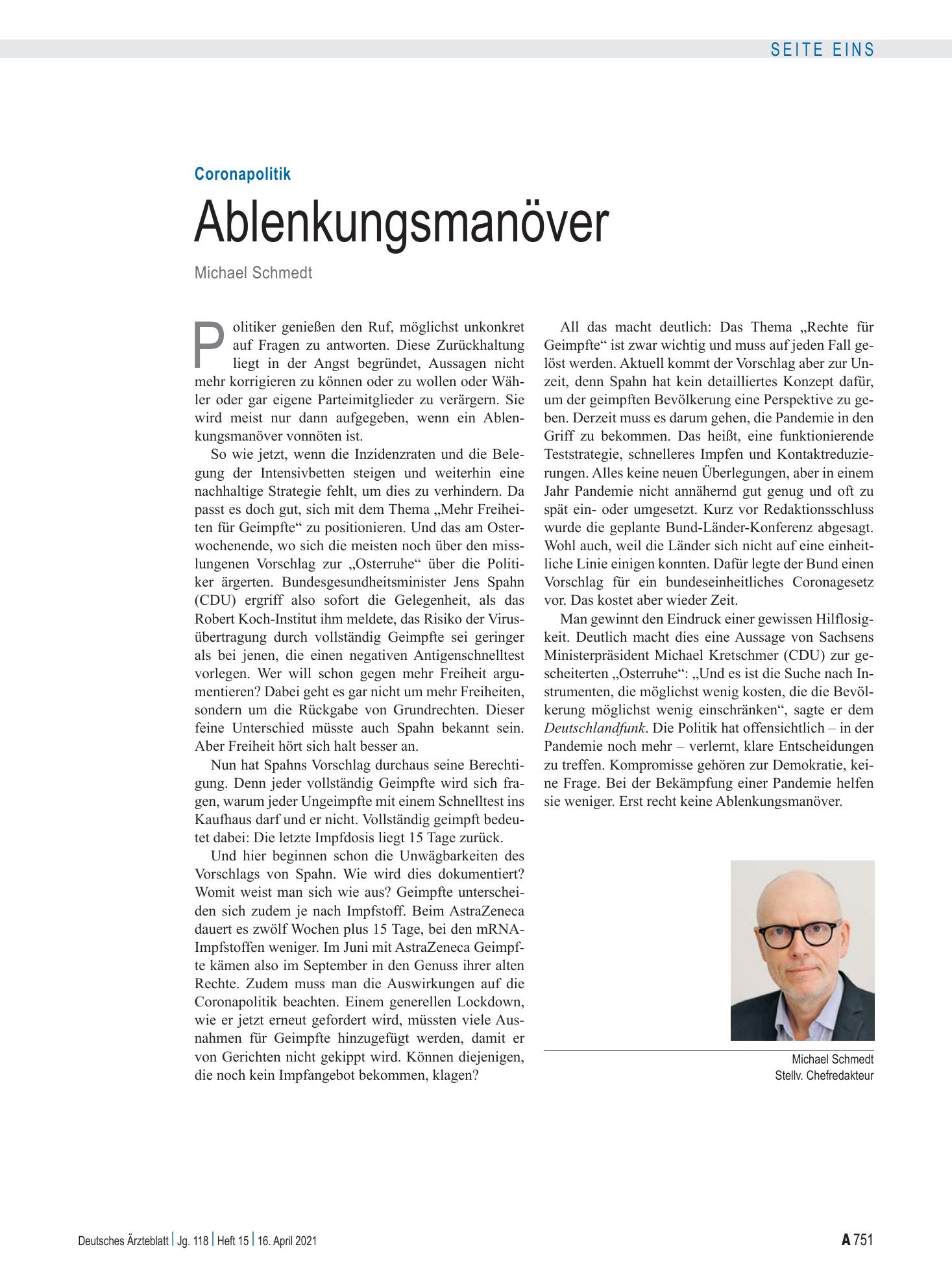 Vorschauseite 1: Coronapolitik: Ablenkungsmanöver – Deutsches Ärzteblatt
