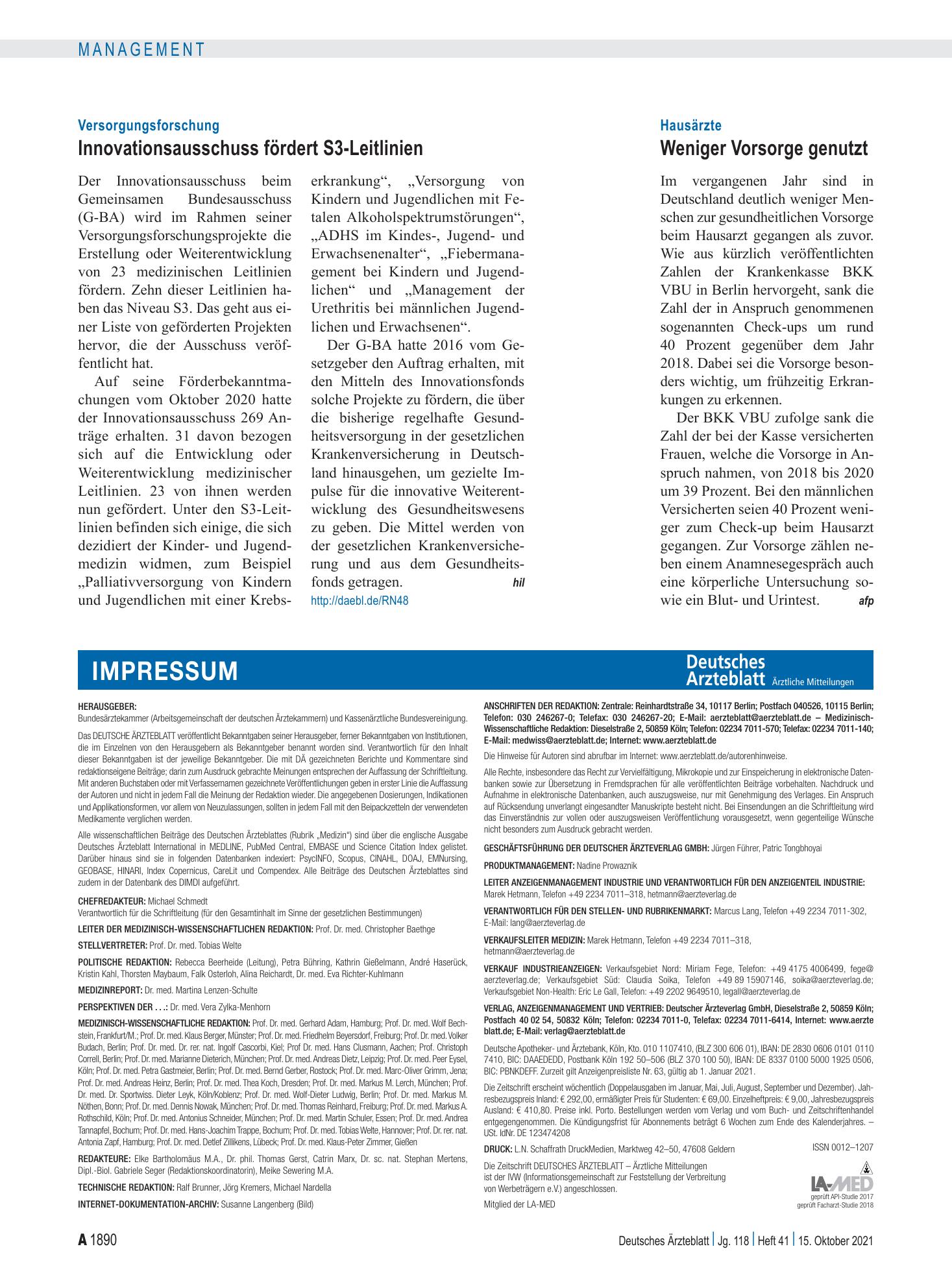 Vorschauseite 1: Hausärzte: Weniger Vorsorge genutzt – Deutsches Ärzteblatt