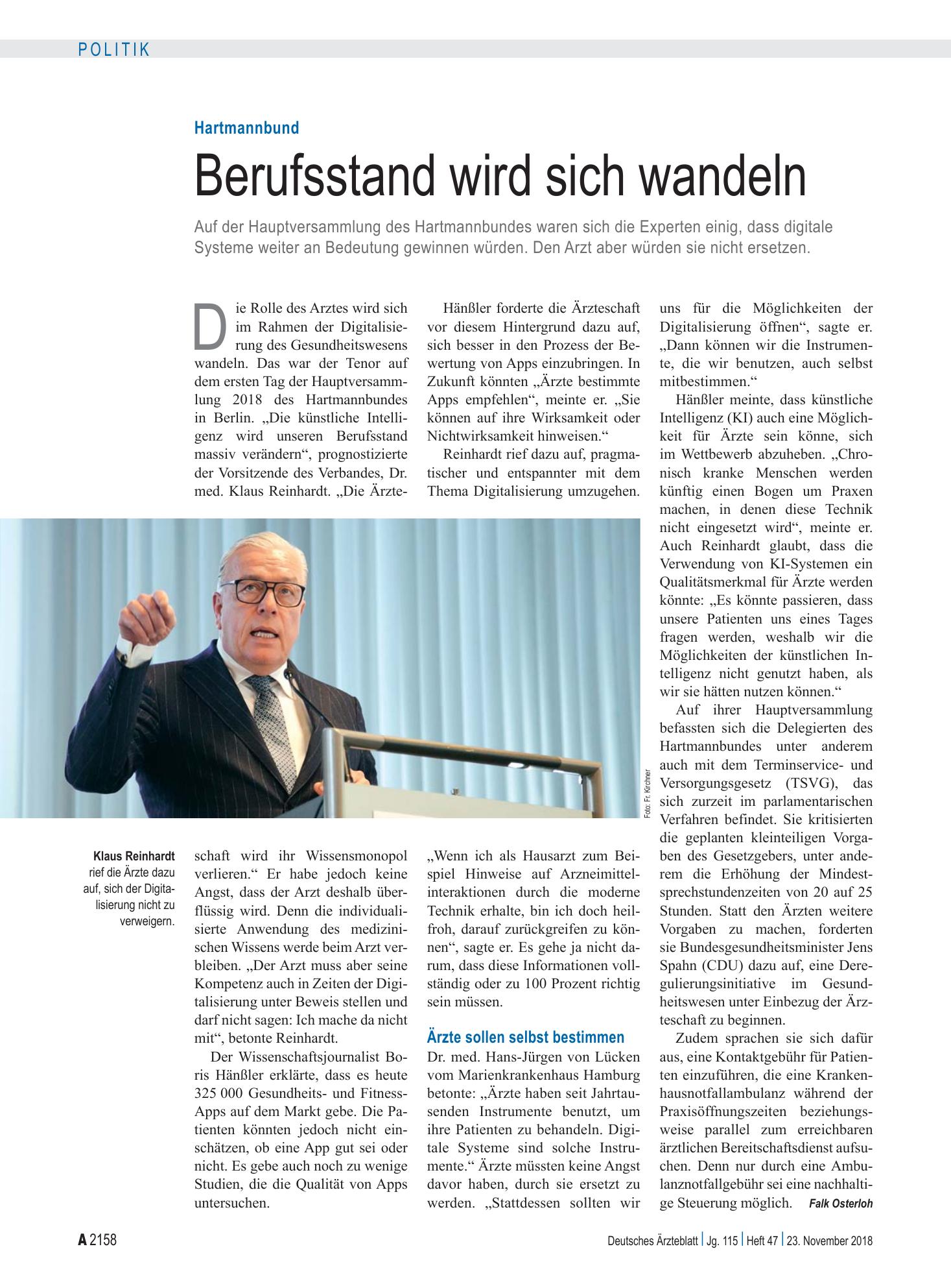 Vorschauseite 1: Hartmannbund: Berufsstand wird sich wandeln – Deutsches Ärzteblatt