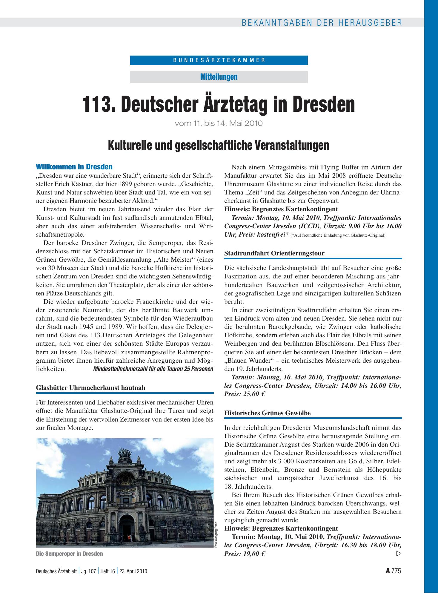 Vorschauseite 1: 113. Deutscher Ärztetag in Dresden vom 11. bis 14. Mai 2010: Kulturelle und gesellschaftliche Veranstaltungen – Deutsches Ärzteblatt