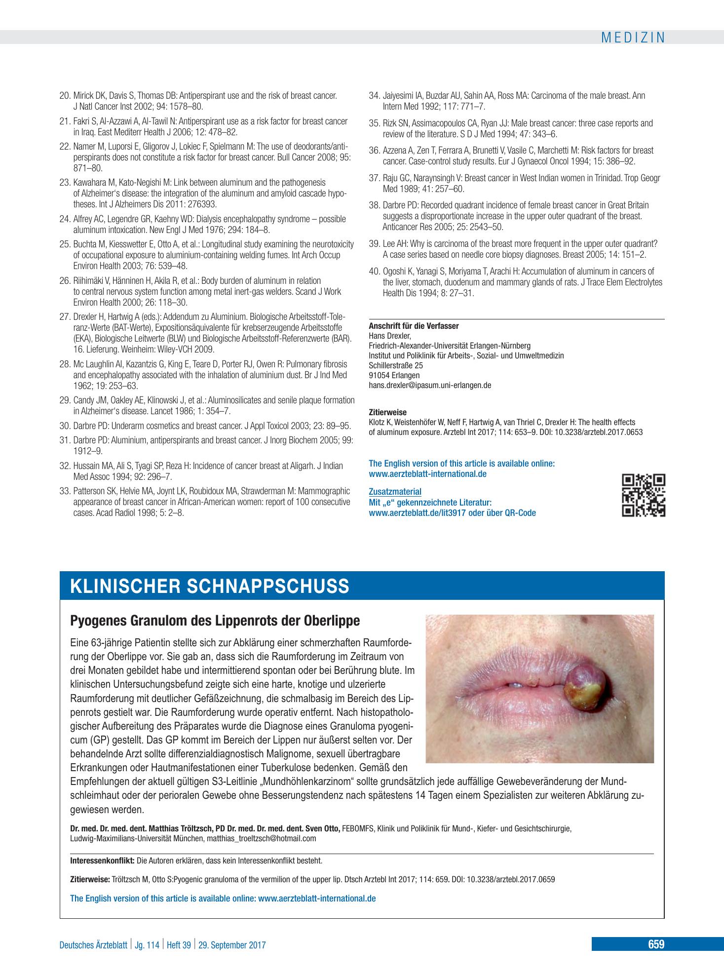 Vorschauseite 1: Pyogenes Granulom des Lippenrots der Oberlippe – Deutsches Ärzteblatt