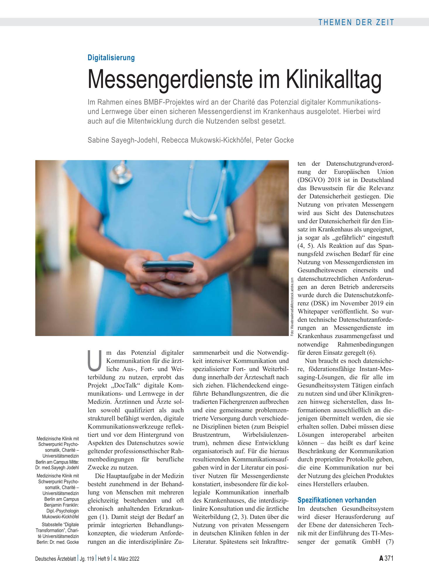 Vorschauseite 1: Digitalisierung: Messengerdienste im Klinikalltag – Deutsches Ärzteblatt