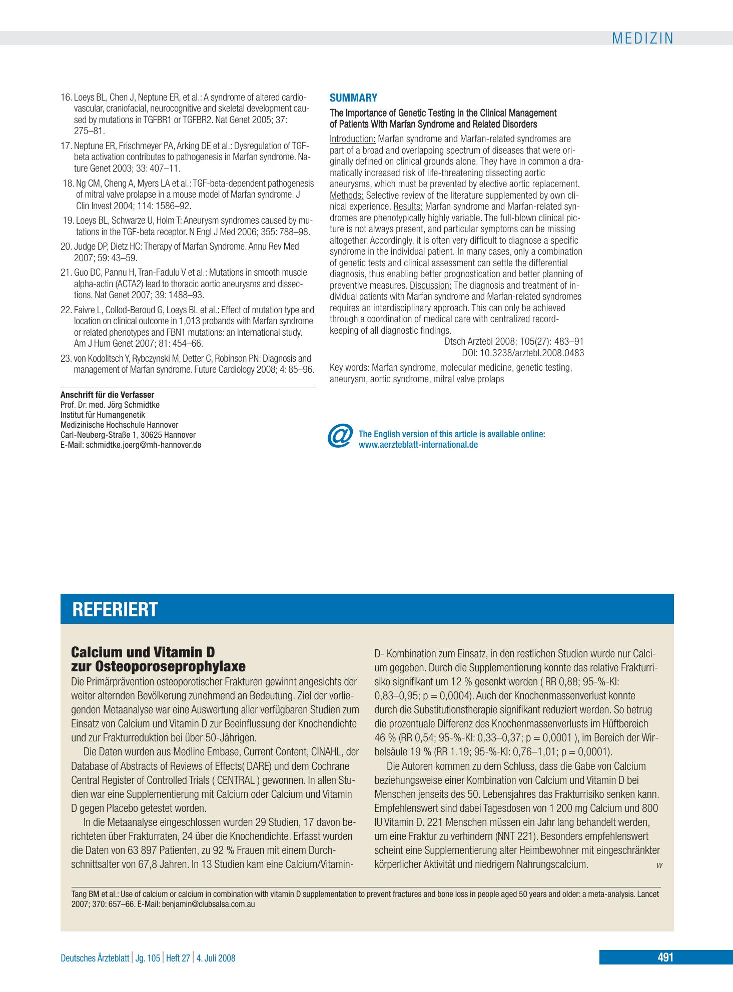Vorschauseite 1: Calcium und Vitamin D zur Osteoporoseprophylaxe – Deutsches Ärzteblatt