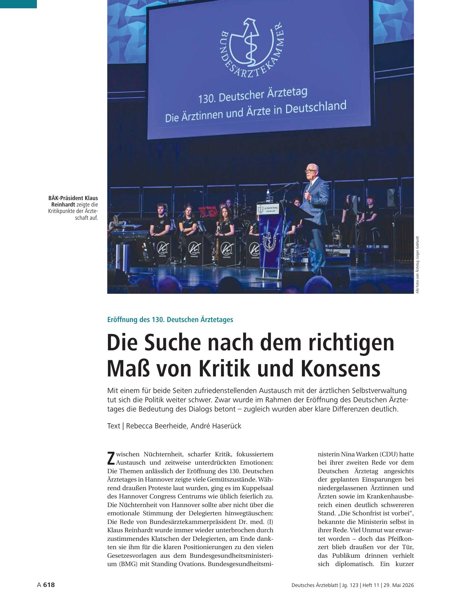 Vorschauseite 1: Eröffnung des 130. Deutschen Ärztetages: Die Suche nach dem richtigen Maß von Kritik und Konsens – Deutsches Ärzteblatt