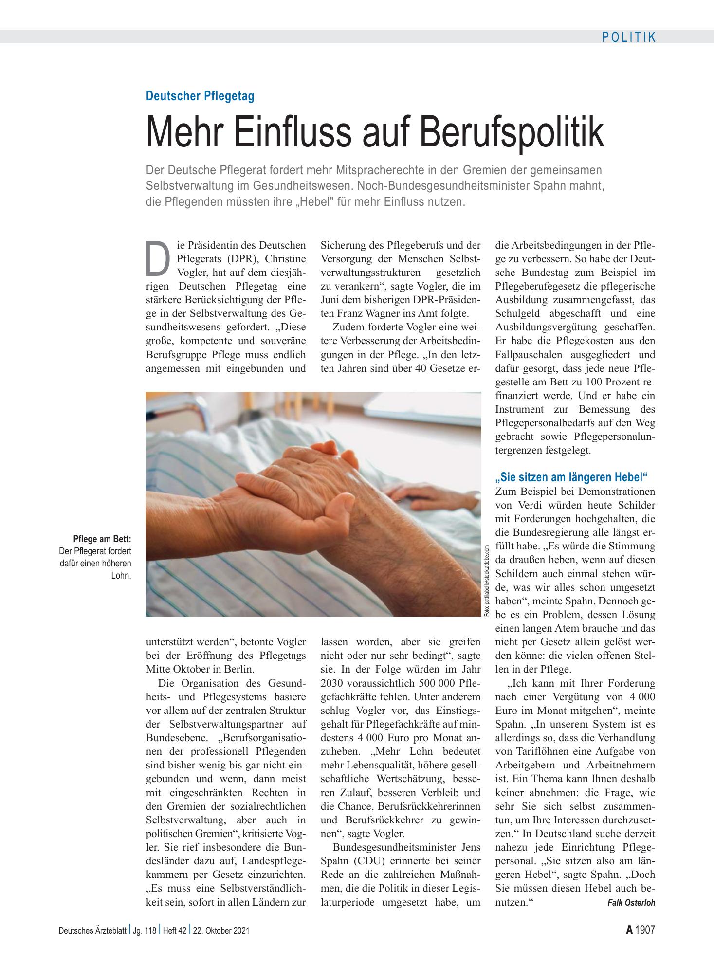 Vorschauseite 1: Deutscher Pflegetag: Mehr Einfluss auf Berufspolitik – Deutsches Ärzteblatt