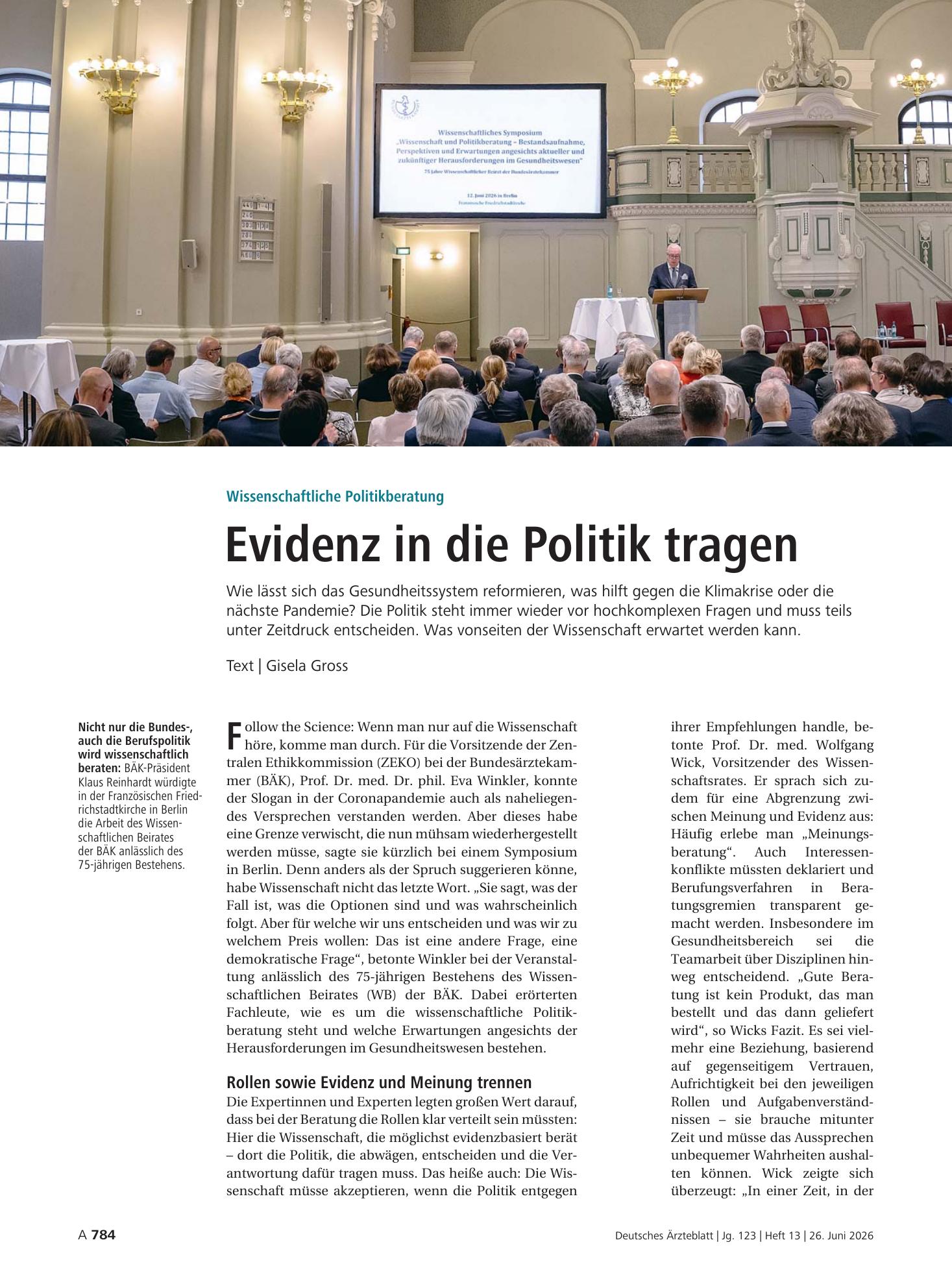 Vorschauseite 1: Wissenschaftliche Politikberatung: Evidenz in die Politik tragen – Deutsches Ärzteblatt