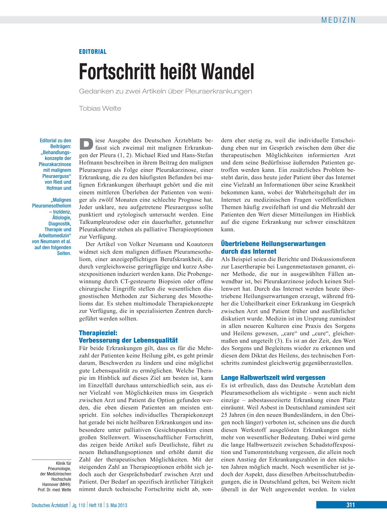 Vorschauseite 1: Fortschritt heißt Wandel – Deutsches Ärzteblatt