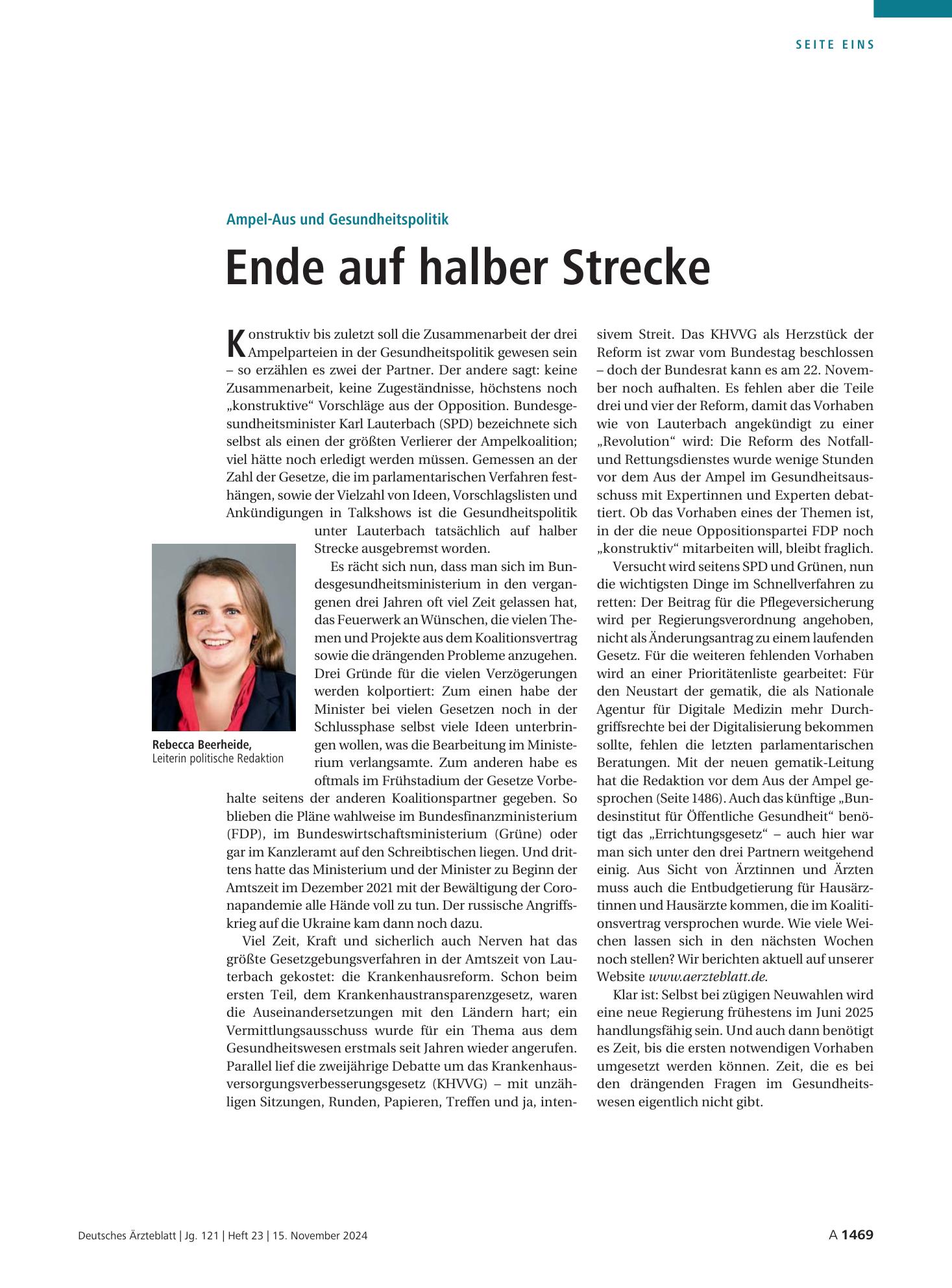 Vorschauseite 1: Ampel-Aus und Gesundheitspolitik: Ende auf halber Strecke – Deutsches Ärzteblatt