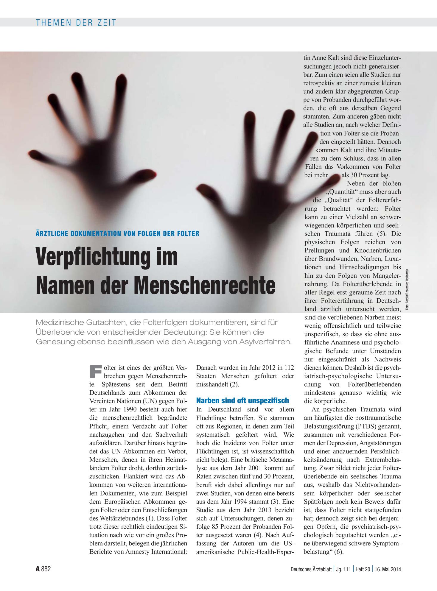 Vorschauseite 1: Ärztliche Dokumentation von Folgen der Folter: Verpflichtung im Namen der Menschenrechte – Deutsches Ärzteblatt
