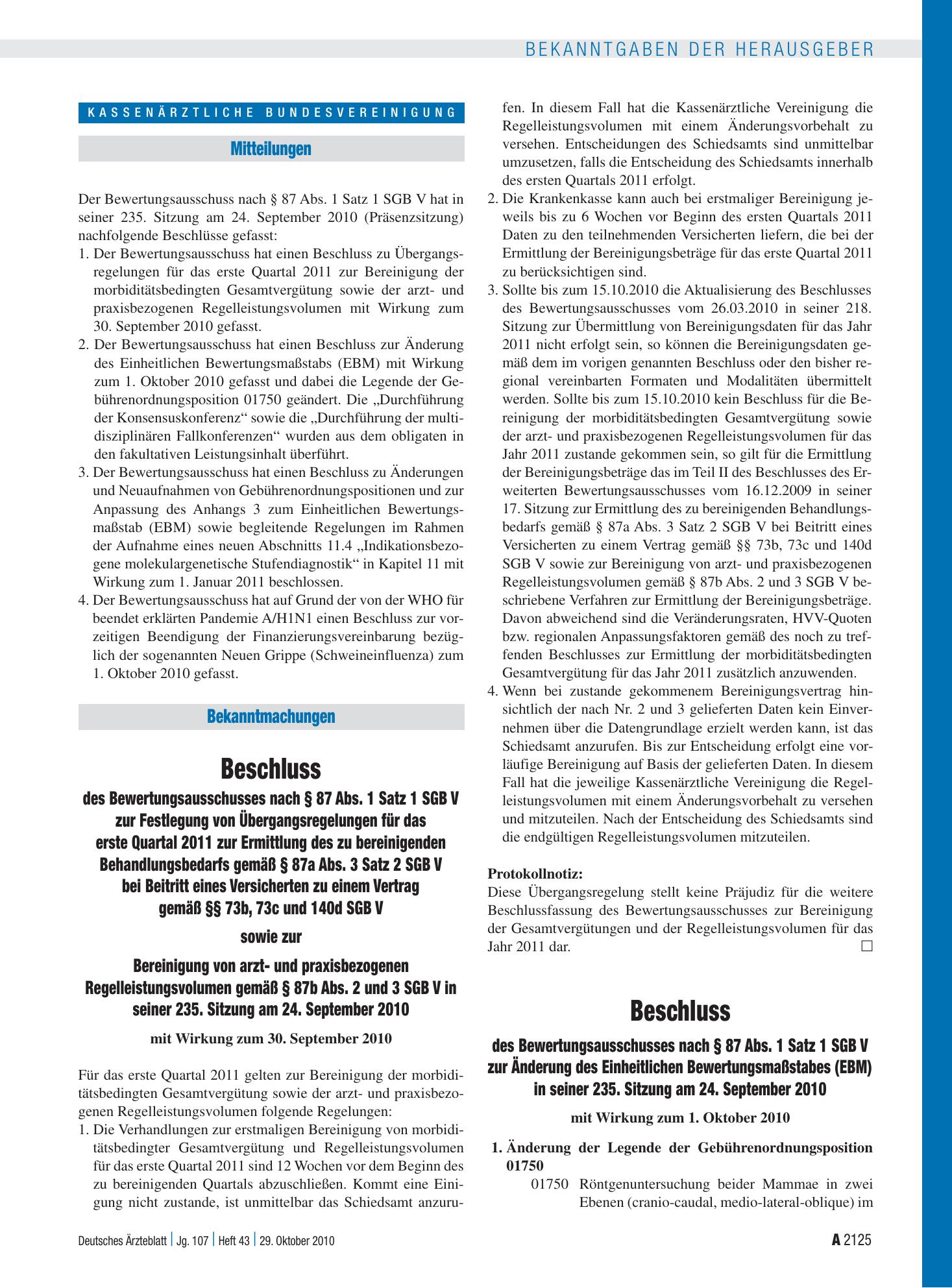 Vorschauseite 1: Beschluss des Bewertungsausschusses nach § 87 Abs. 1 Satz 1 SGB V zur Änderung des Einheitlichen Bewertungsmaßstabes (EBM) in seiner 235. Sitzung am 24. September 2010 – Deutsches…